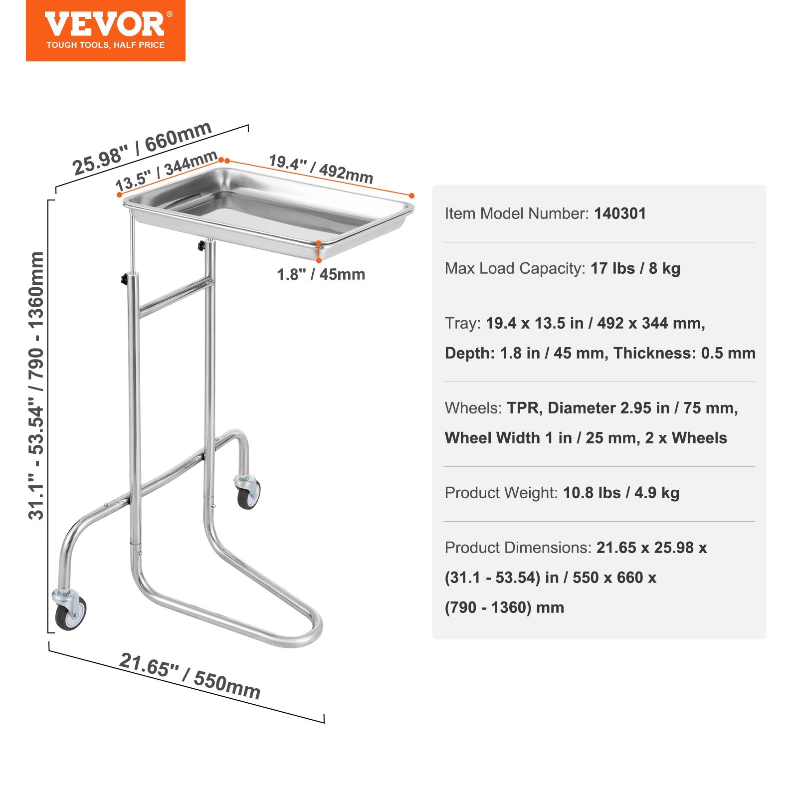 VEVOR Stainless Steel Lab Cart with Single Tray & 2 Silent Wheels for Lab Clinic 7
