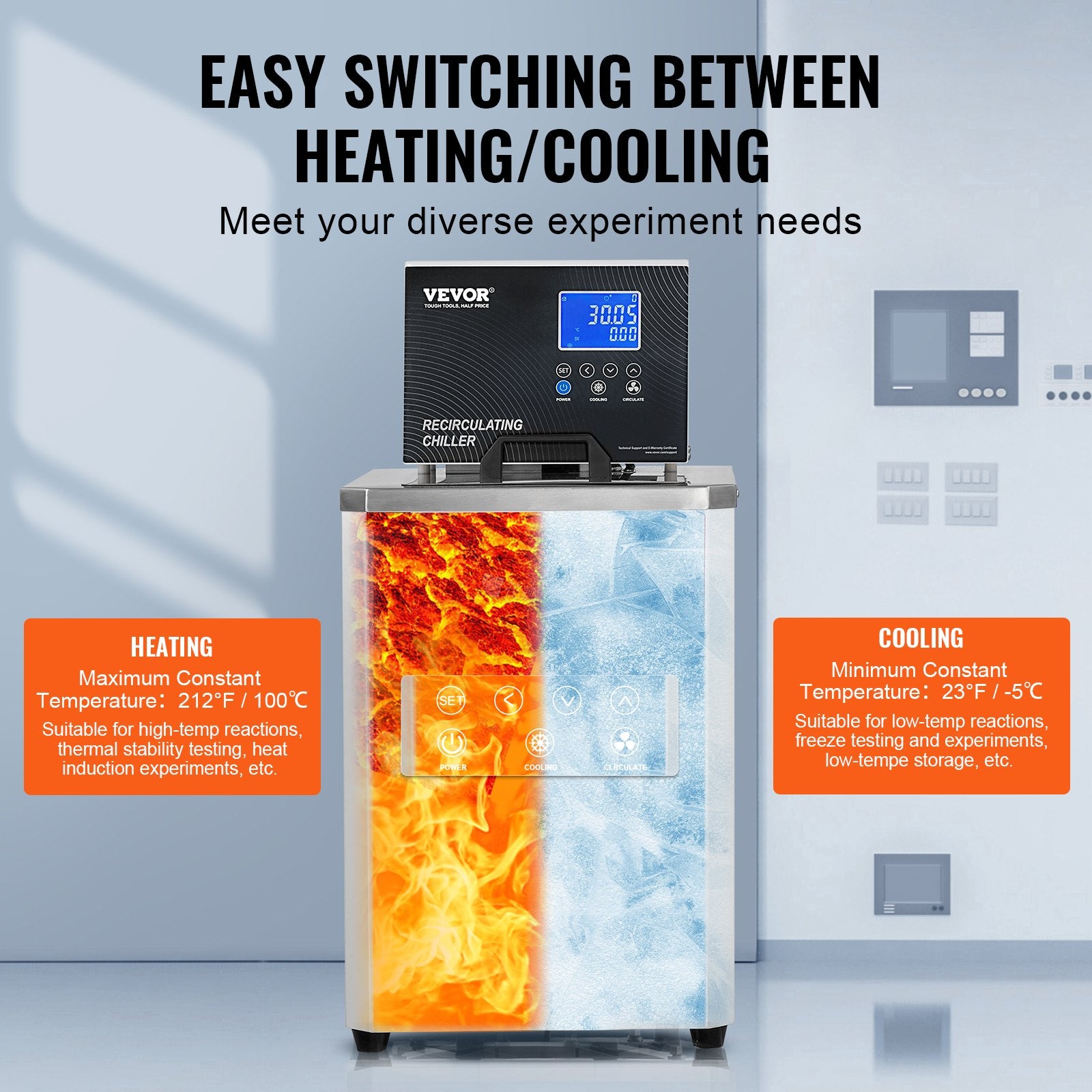 VEVOR Laboratory Chiller Circulator, 6L Chiller Lab Low Temperature Cooling Liquid, 23°F-212°F Circulator Pump Chiller, LCD Display, 304 Stainless Steel Water Bath Recirculating Water Cooling Chiller 3