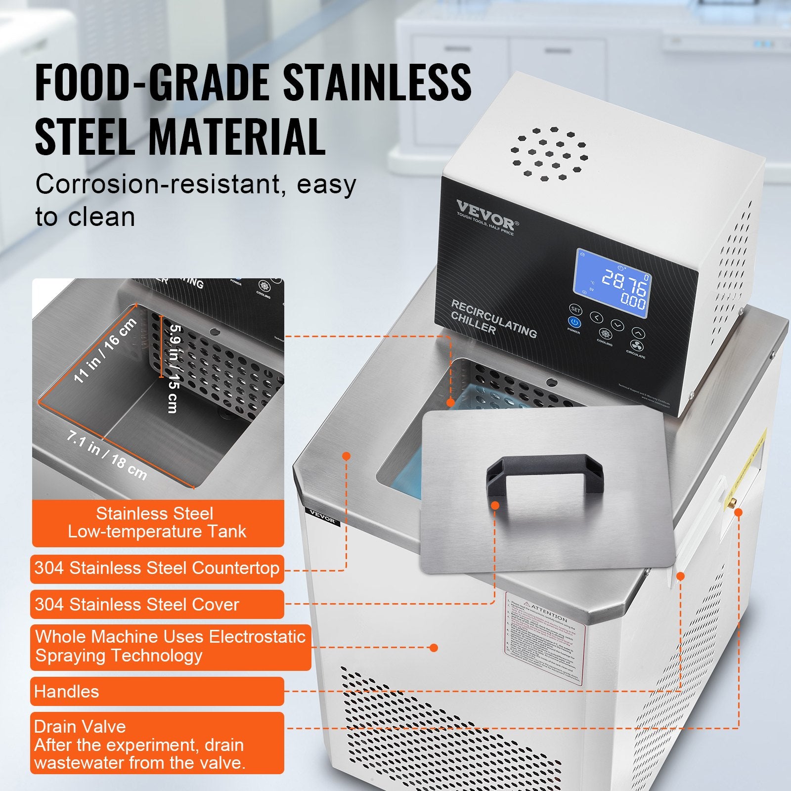 VEVOR Laboratory Chiller Circulator, 6L Chiller Lab Low Temperature Cooling Liquid, 23°F-212°F Circulator Pump Chiller, LCD Display, 304 Stainless Steel Water Bath Recirculating Water Cooling Chiller 6
