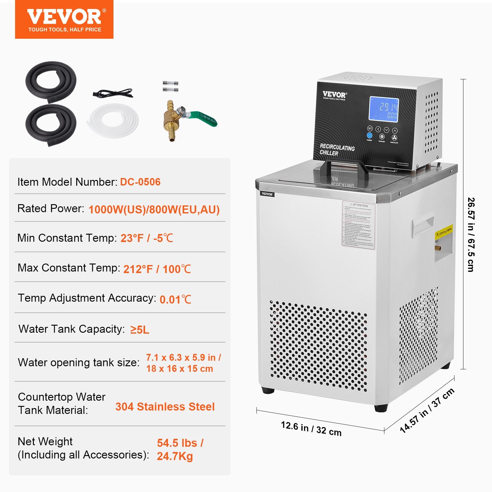 VEVOR Laboratory Chiller Circulator, 6L Chiller Lab Low Temperature Cooling Liquid, 23°F-212°F Circulator Pump Chiller, LCD Display, 304 Stainless Steel Water Bath Recirculating Water Cooling Chiller 7