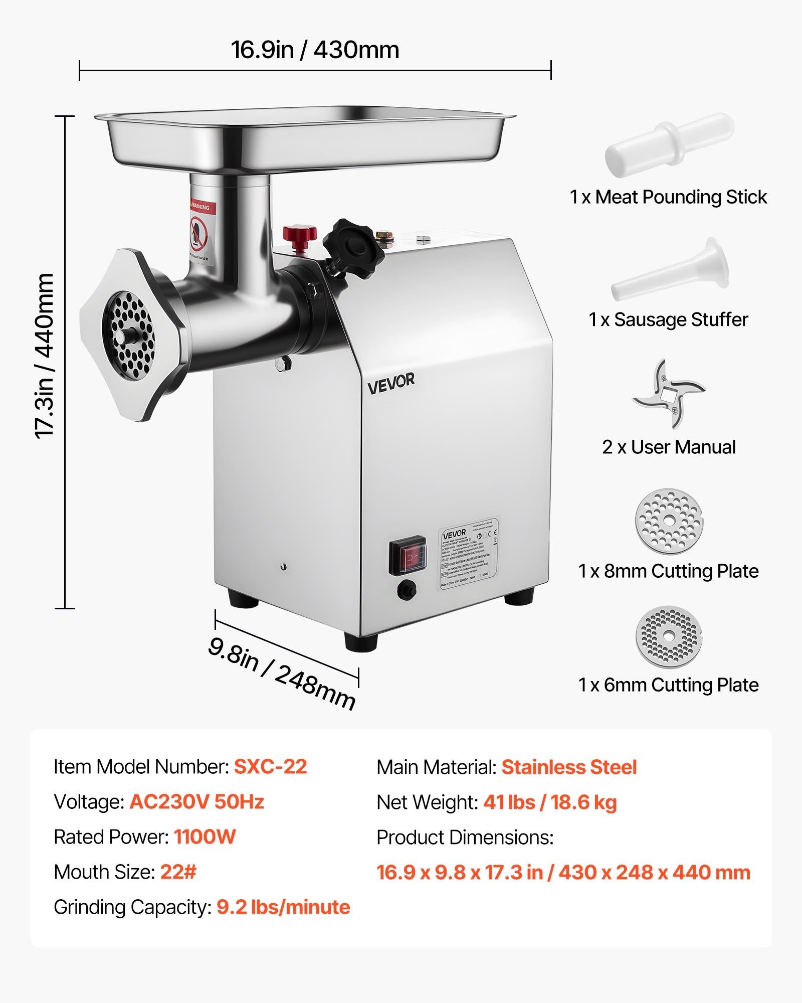 VEVOR Commercial Electric Meat Grinder 9.2 Lbs/Min Sausage Stuffer Maker Kitchen 7