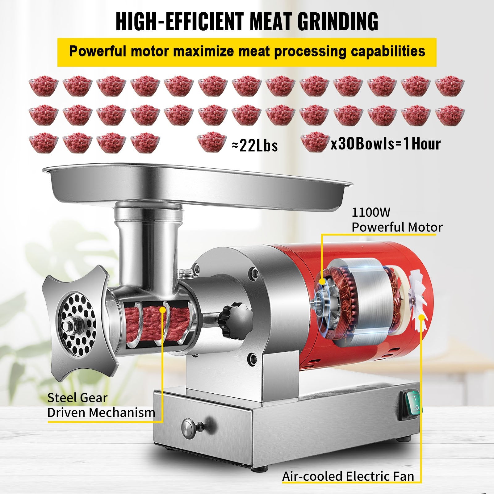 VEVOR Electric Meat Grinder Machine Electric Meat Mincer 661 Lbs/Hour 1100W 3