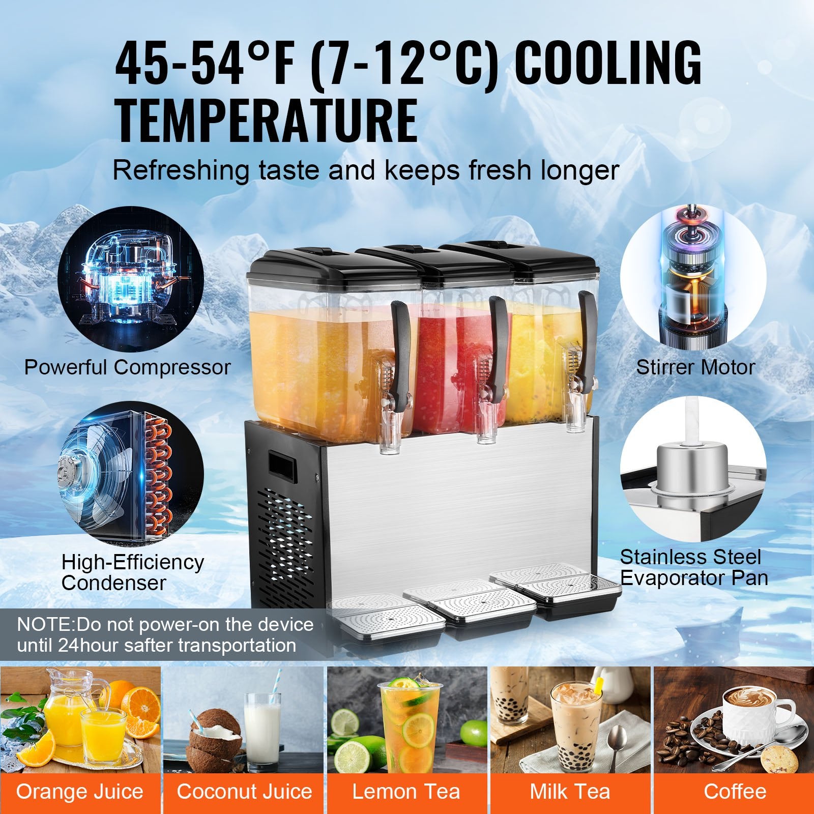 VEVOR Commercial Beverage Dispenser, 3 Tanks 12 L Per Tank Juice Dispenser, 370W Stainless Steel Ice Tea Drink Machine with 7℃-12℃ Cooling Temperature, for Cold Drink Restaurant Bar Party 3