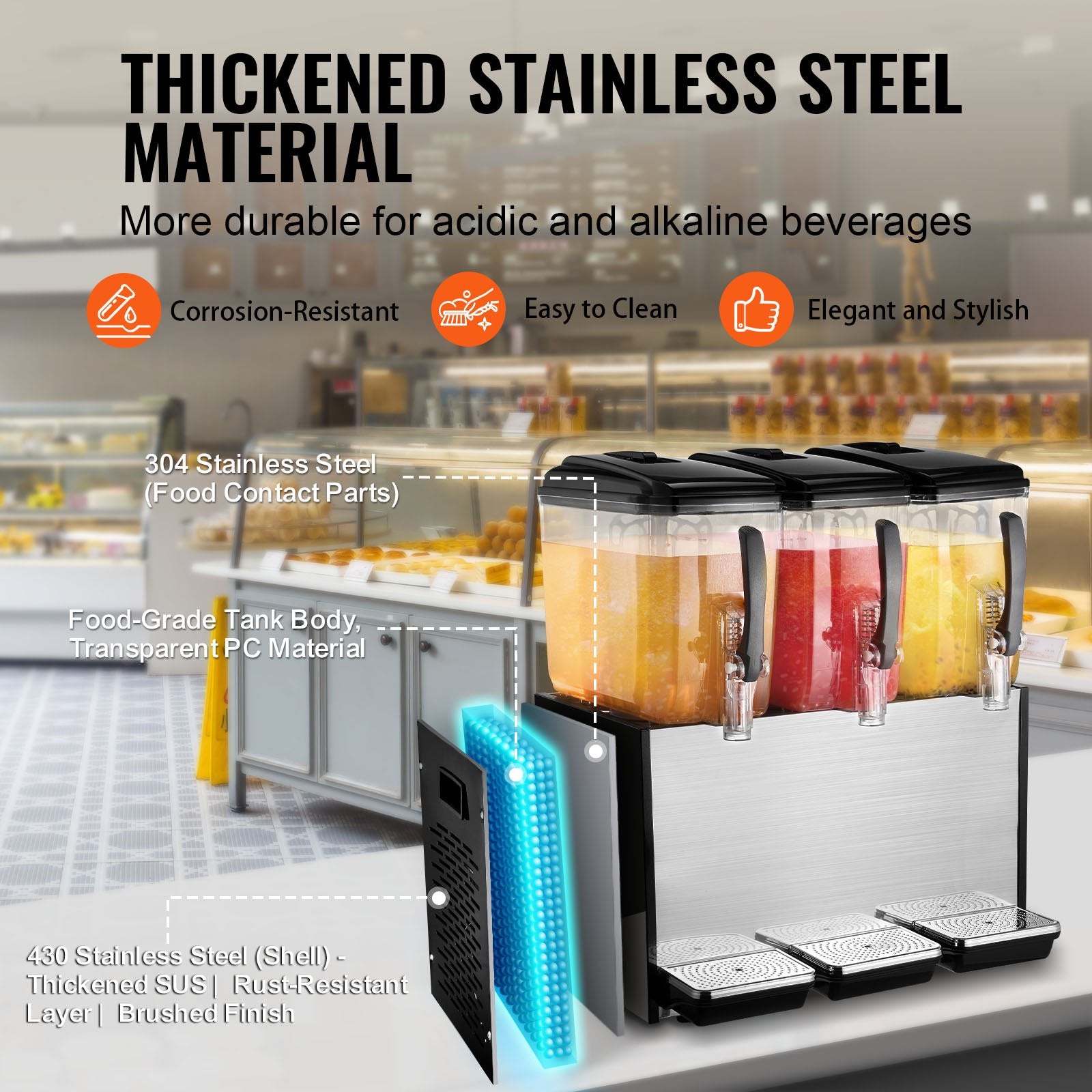 VEVOR Commercial Beverage Dispenser, 3 Tanks 12 L Per Tank Juice Dispenser, 370W Stainless Steel Ice Tea Drink Machine with 7℃-12℃ Cooling Temperature, for Cold Drink Restaurant Bar Party 4