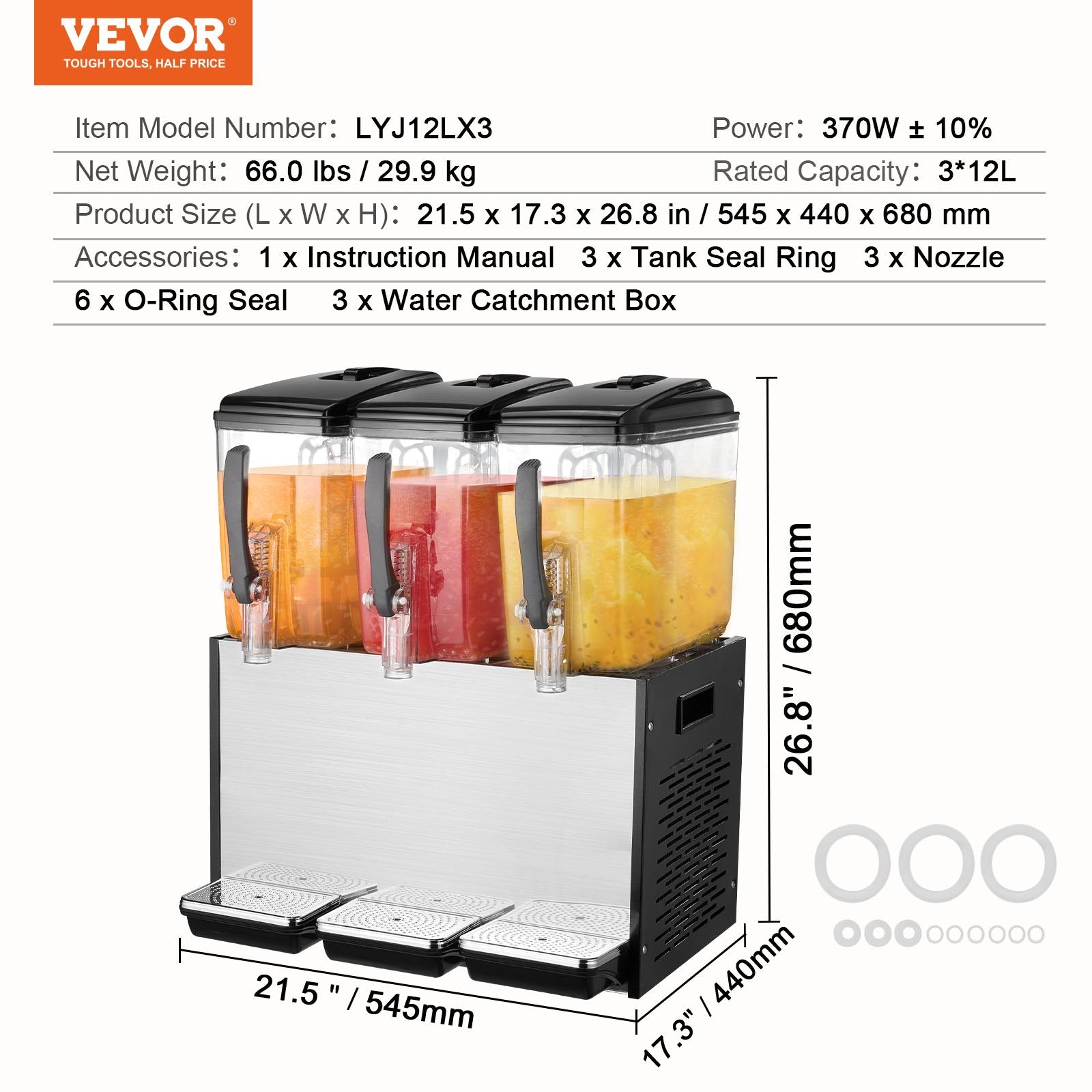 VEVOR Commercial Beverage Dispenser, 3 Tanks 12 L Per Tank Juice Dispenser, 370W Stainless Steel Ice Tea Drink Machine with 7℃-12℃ Cooling Temperature, for Cold Drink Restaurant Bar Party 7