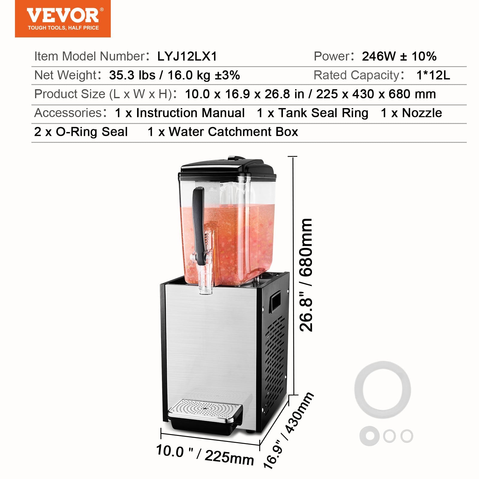 VEVOR Commercial Beverage Dispenser 12L Cold Juice Ice Drink Dispenser for Party 7