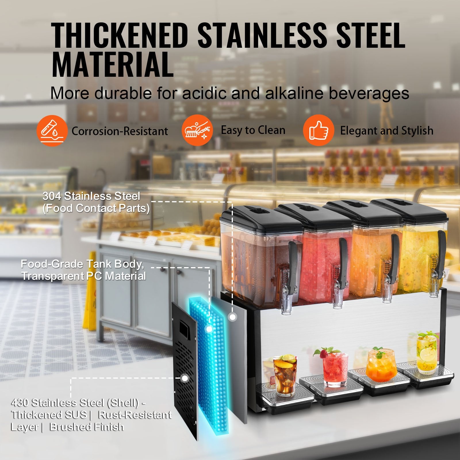 VEVOR Commercial Beverage Dispenser, 4 Tanks 12 L Per Tank Juice Dispenser, 510W Stainless Steel Ice Tea Drink Machine with 7℃-12℃ Cooling Temperature, for Cold Drink Restaurant Bar Party 4