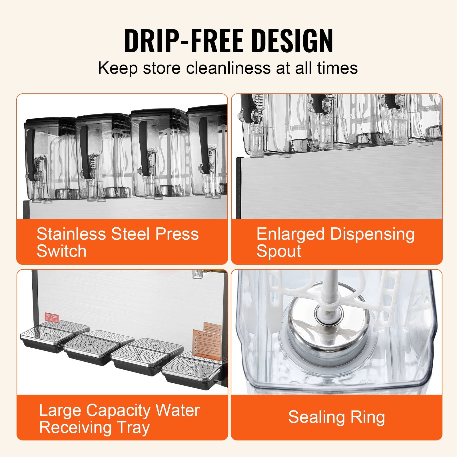 VEVOR Commercial Beverage Dispenser, 4 Tanks 12 L Per Tank Juice Dispenser, 510W Stainless Steel Ice Tea Drink Machine with 7℃-12℃ Cooling Temperature, for Cold Drink Restaurant Bar Party 5