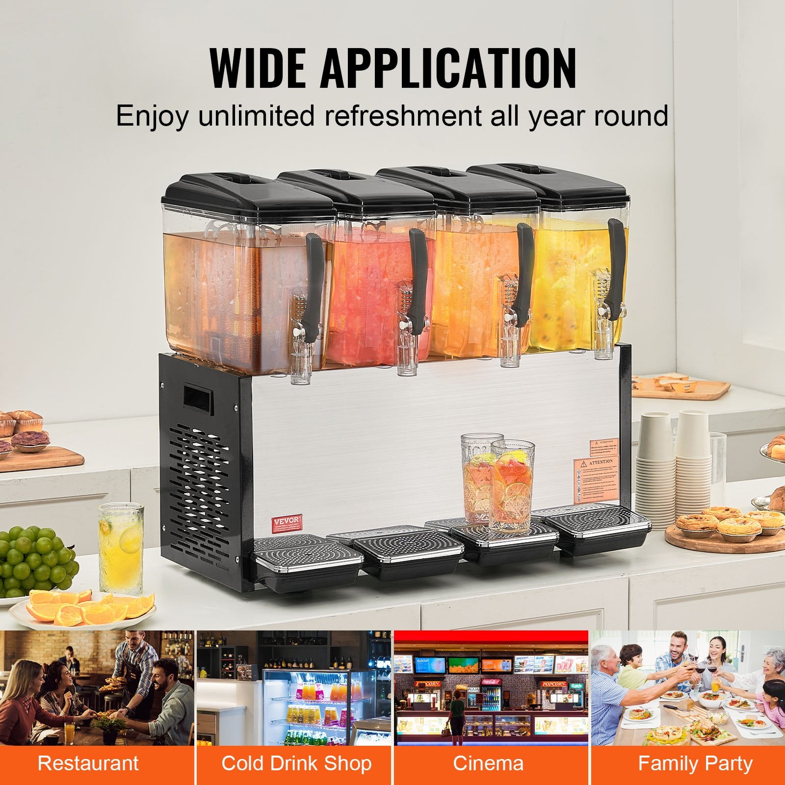 VEVOR Commercial Beverage Dispenser, 4 Tanks 12 L Per Tank Juice Dispenser, 510W Stainless Steel Ice Tea Drink Machine with 7℃-12℃ Cooling Temperature, for Cold Drink Restaurant Bar Party 6