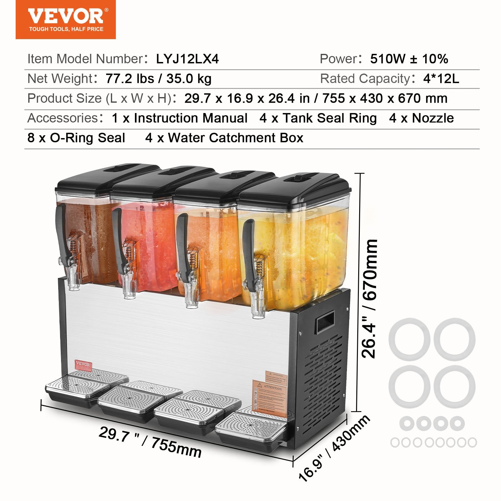 VEVOR Commercial Beverage Dispenser, 4 Tanks 12 L Per Tank Juice Dispenser, 510W Stainless Steel Ice Tea Drink Machine with 7℃-12℃ Cooling Temperature, for Cold Drink Restaurant Bar Party 7