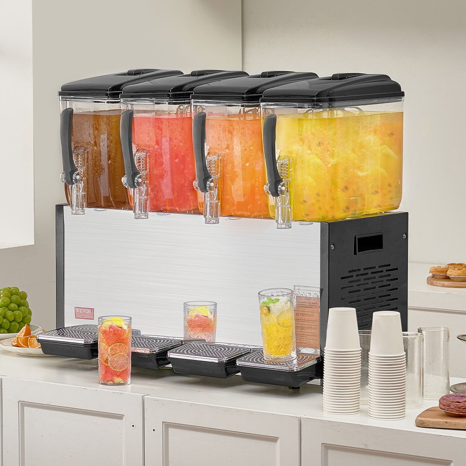 VEVOR Commercial Beverage Dispenser, 4 Tanks 12 L Per Tank Juice Dispenser, 510W Stainless Steel Ice Tea Drink Machine with 7℃-12℃ Cooling Temperature, for Cold Drink Restaurant Bar Party 8
