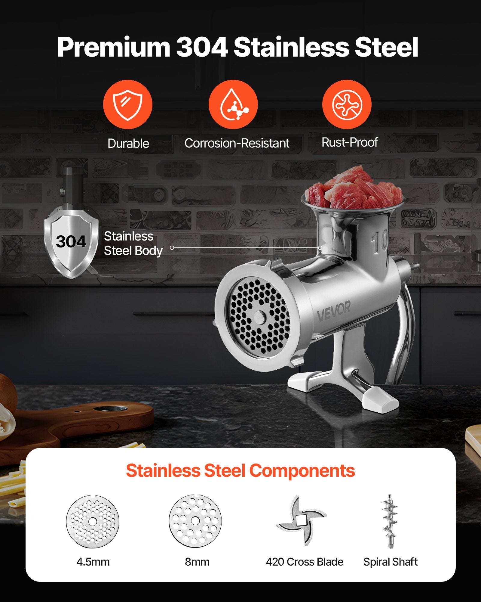 VEVOR Heavy Duty Meat Grinder Manual Sausage Filler Stainless Steel with Clamp 3