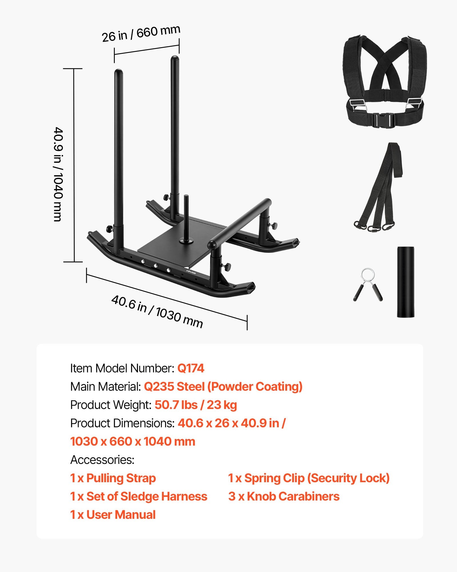 VEVOR Weight Sled, Steel Power Sled, Fitness Strength Training Sleds for Athletic Exercise Speed Improvement, Workout Fitness Equipment with Handle, Compatible with 25/51 mm Weight Plates, Black 7