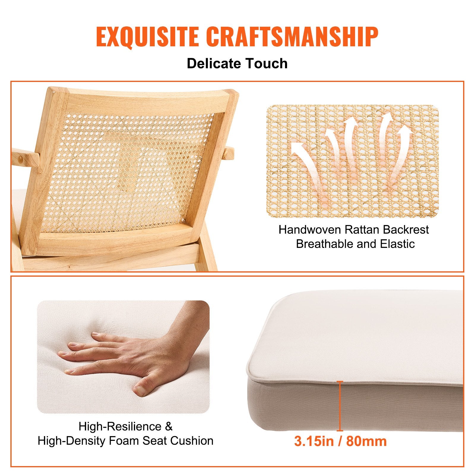 VEVOR Rattan Chair, Mid Century Modern Dining Chair with Armrest, Upholstered Chair with Rattan Back, Retro Rattan Dining Room Kitchen Chair for Living Room, Bedroom, Reading Room, and Office, Beige 3