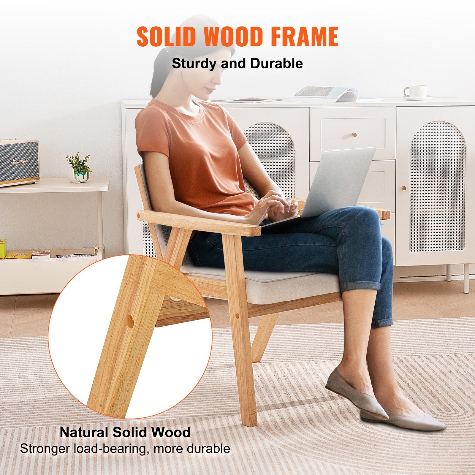 VEVOR Rattan Chair, Mid Century Modern Dining Chair with Armrest, Upholstered Chair with Rattan Back, Retro Rattan Dining Room Kitchen Chair for Living Room, Bedroom, Reading Room, and Office, Beige 4