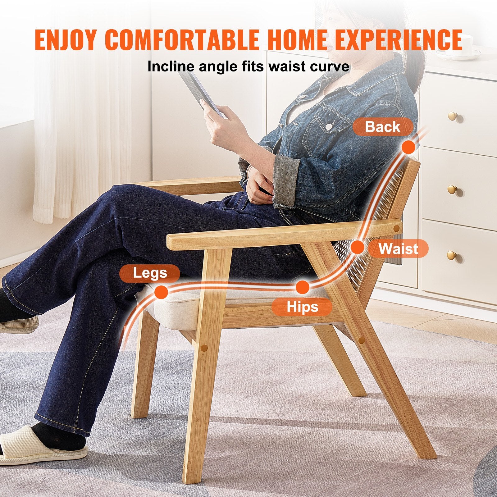 VEVOR Rattan Chair, Mid Century Modern Dining Chair with Armrest, Upholstered Chair with Rattan Back, Retro Rattan Dining Room Kitchen Chair for Living Room, Bedroom, Reading Room, and Office, Beige 6