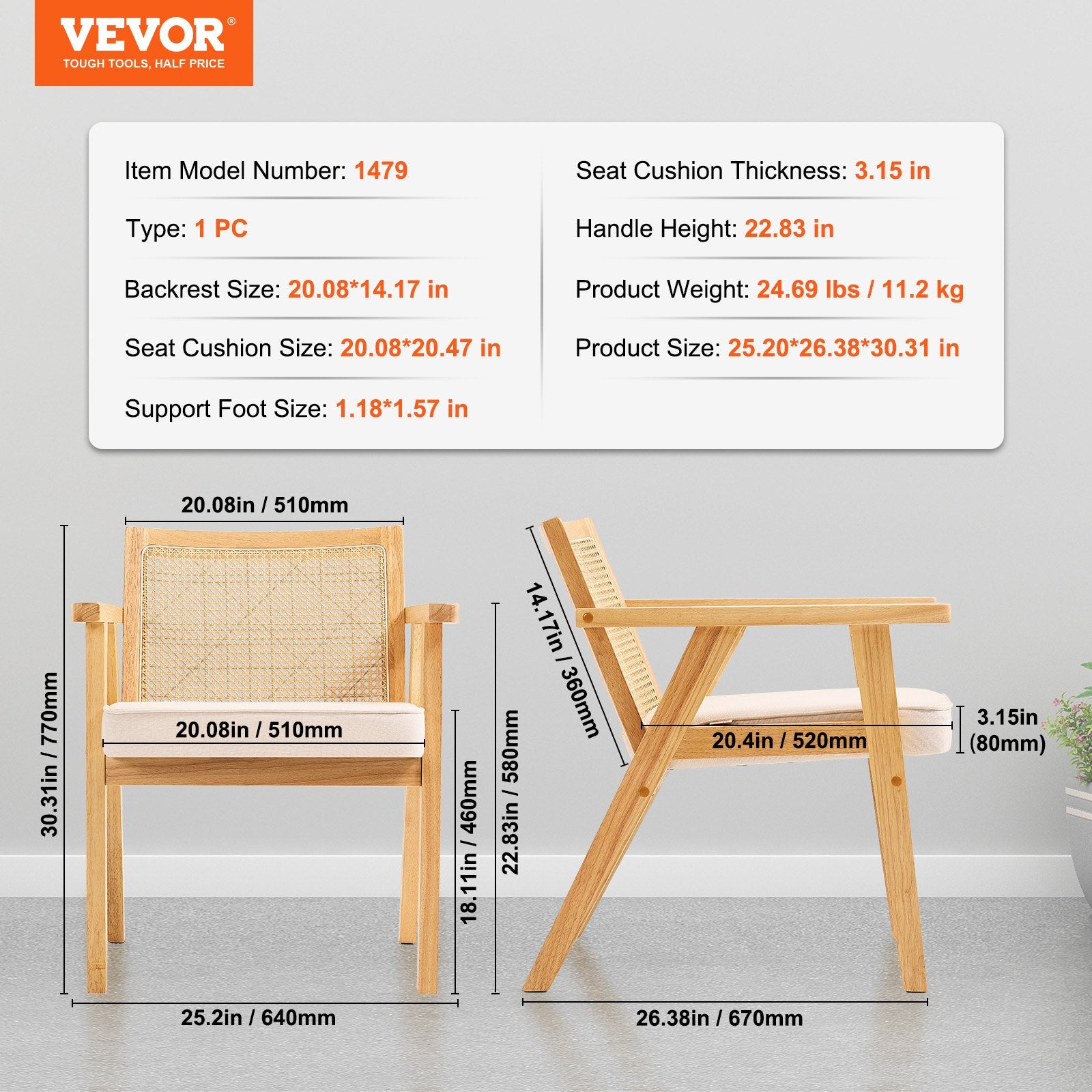 VEVOR Rattan Chair, Mid Century Modern Dining Chair with Armrest, Upholstered Chair with Rattan Back, Retro Rattan Dining Room Kitchen Chair for Living Room, Bedroom, Reading Room, and Office, Beige 7