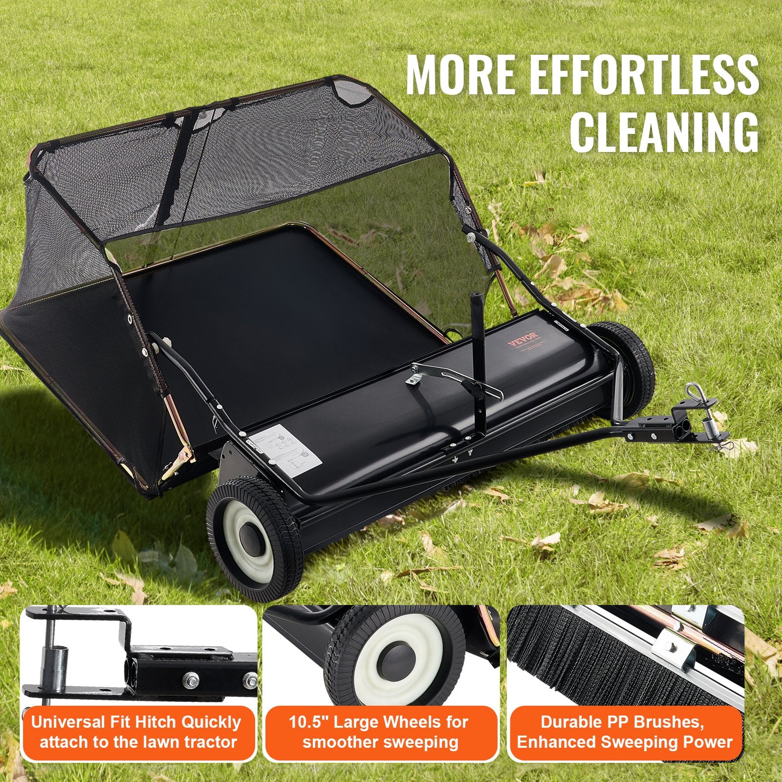 VEVOR Tow-Behind Lawn Sweeper 132cm Leaf Yard Collector 26 cu.ft. Adjustable 4