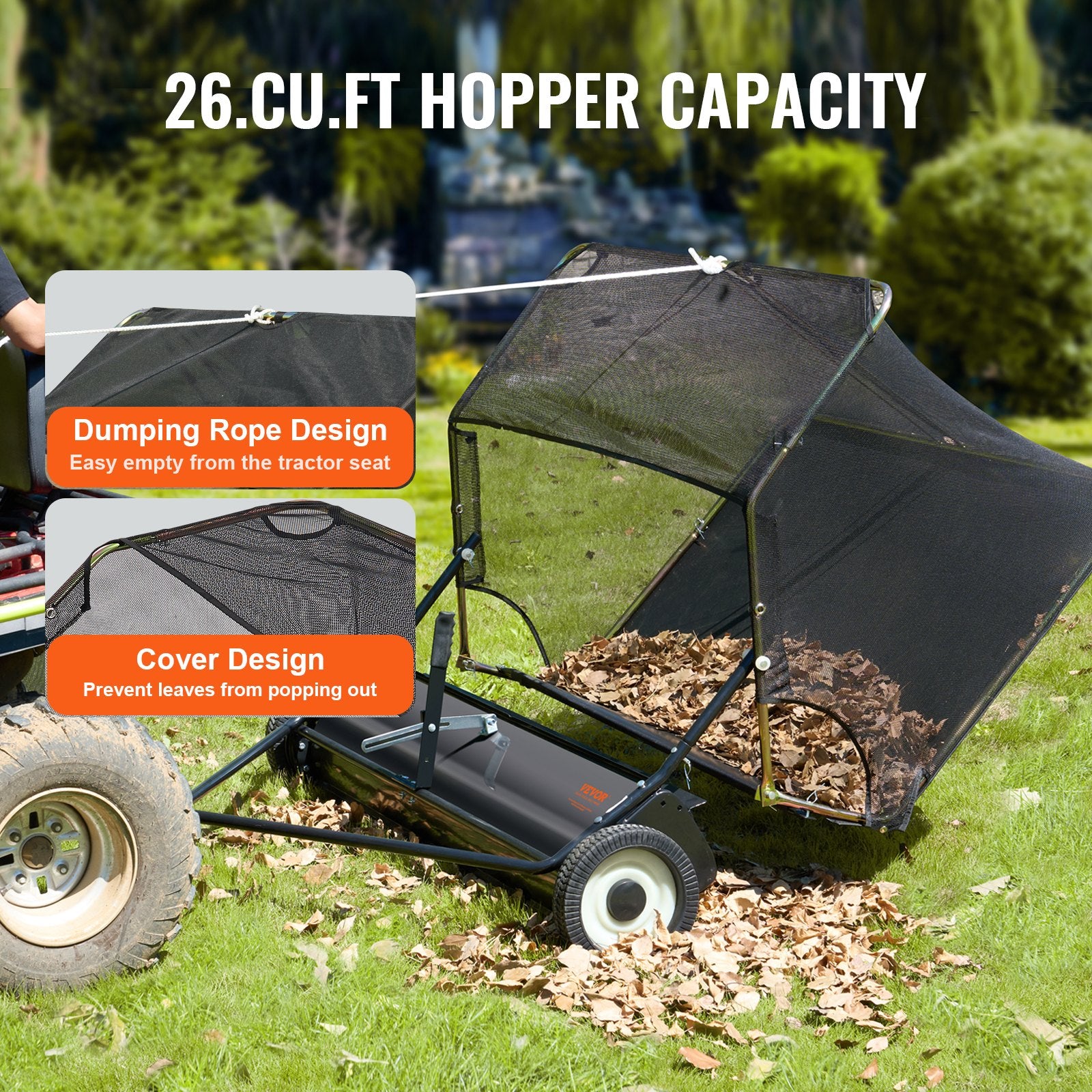 VEVOR Tow-Behind Lawn Sweeper 132cm Leaf Yard Collector 26 cu.ft. Adjustable 6