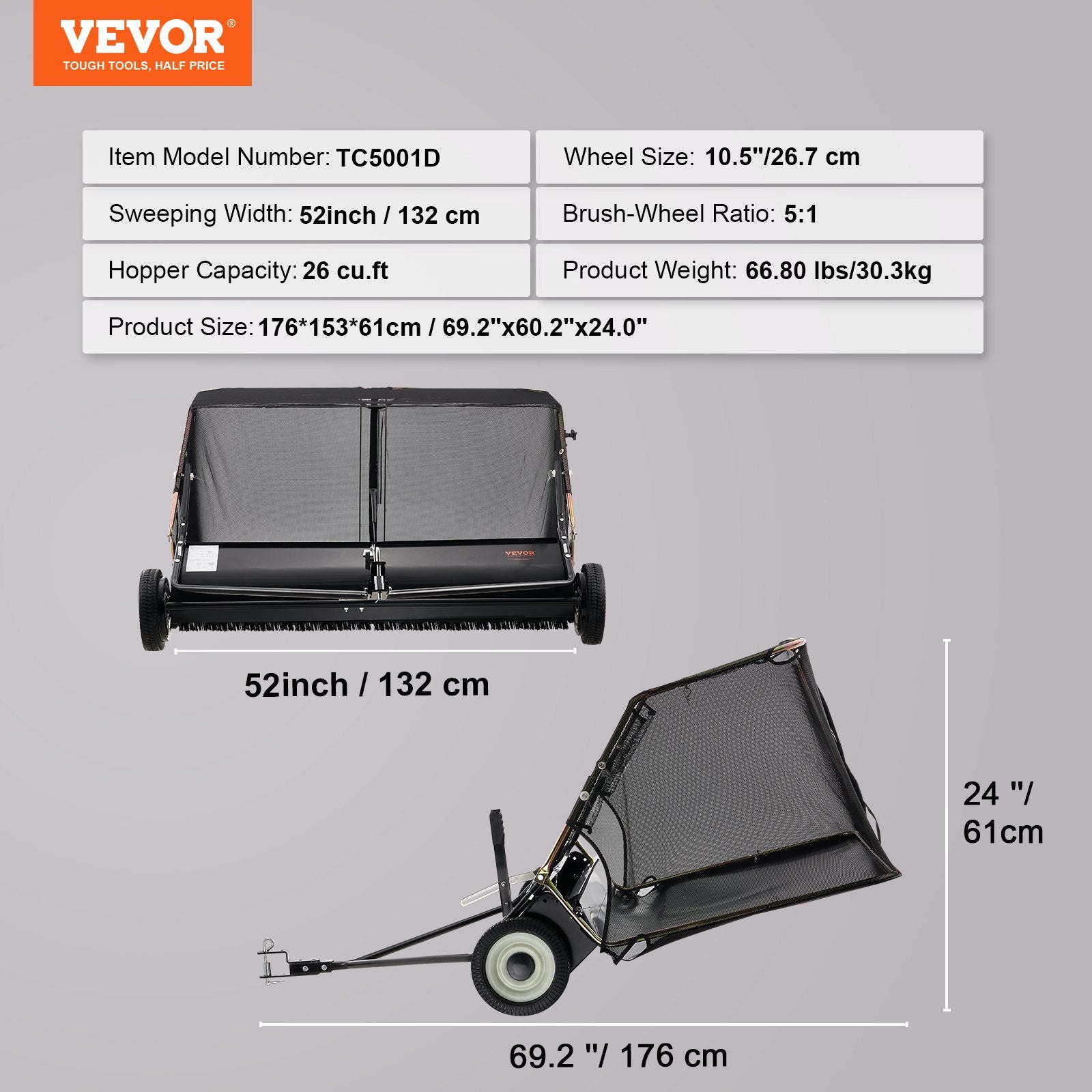 VEVOR Tow-Behind Lawn Sweeper 132cm Leaf Yard Collector 26 cu.ft. Adjustable 7