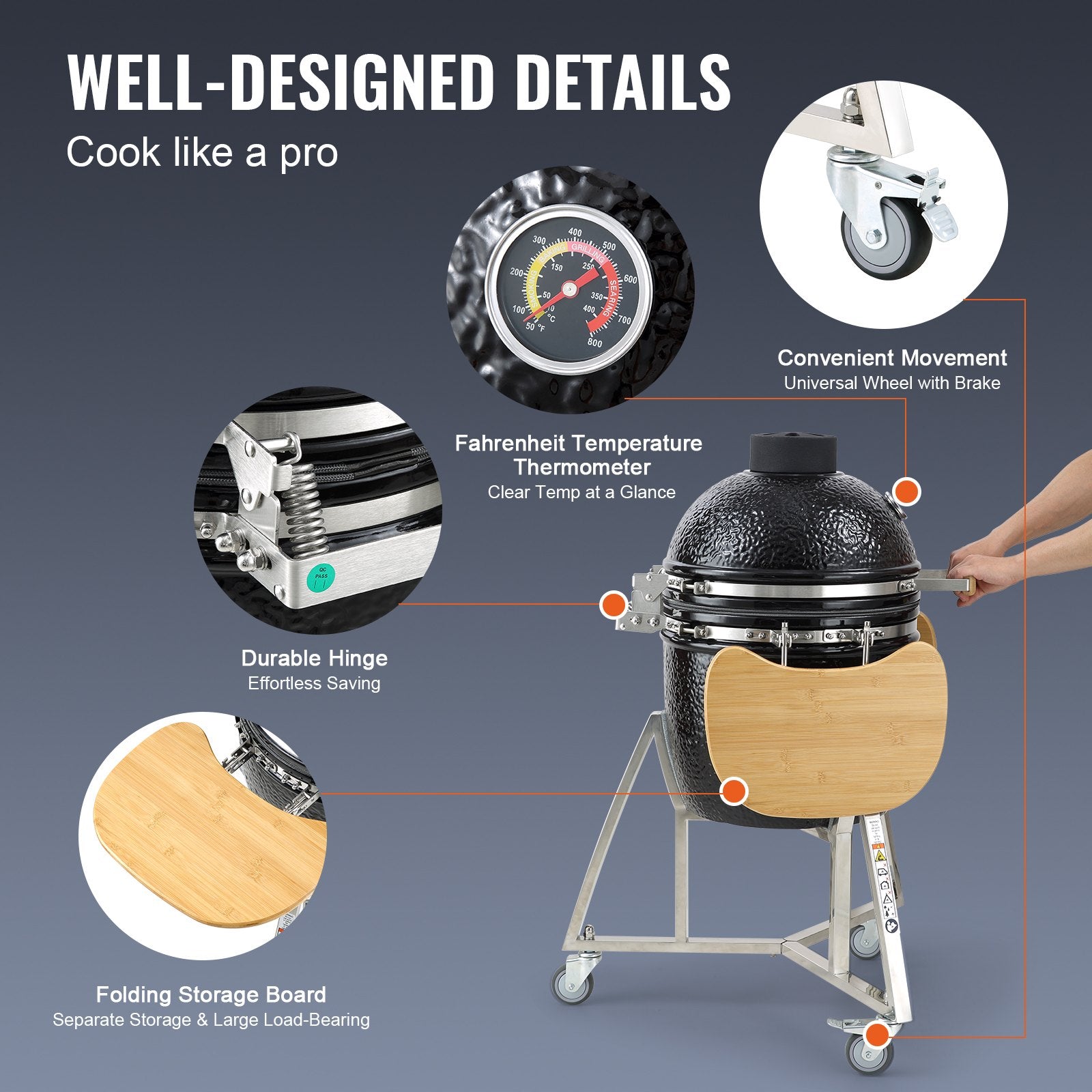 VEVOR Portable Charcoal Grill, Propane Gas Grills with Cover and Cart, Heavy Duty Stainless Steel BBQ Grill, Mini Smoker for Outdoor Cooking, Barbecue Camping, Picnic, and Backyard, Black 6
