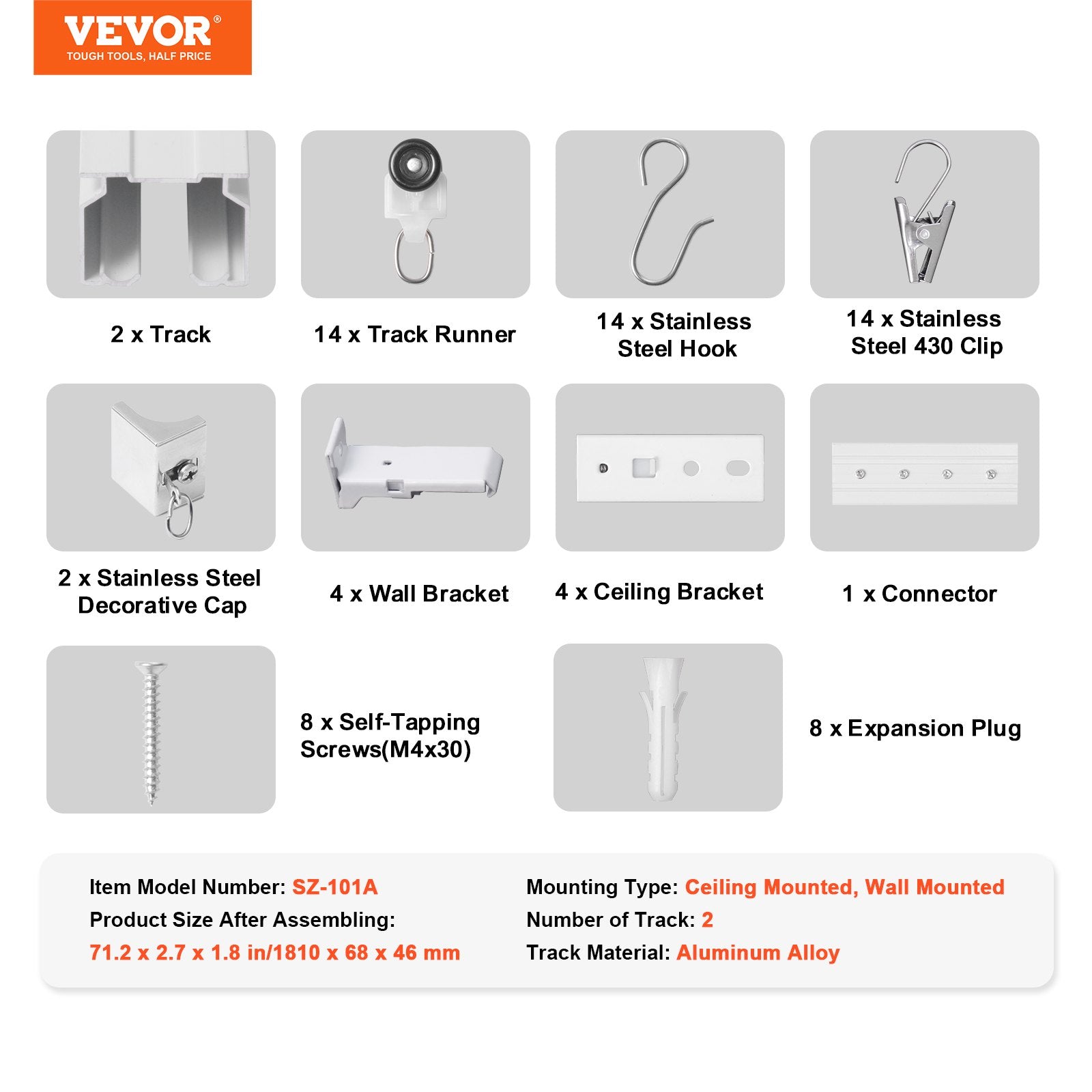 VEVOR Ceiling Curtain Track Set 5.9 FT/1.8 Meter_oom Divider with Hooks White 7