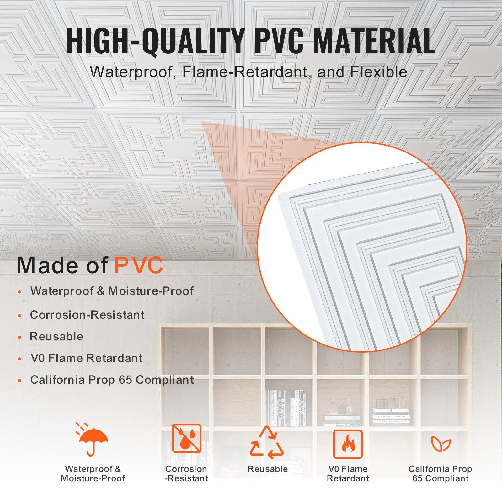 VEVOR Ceiling Tiles 12-Pack 24 x 24 in PVC Easy Installation White Echo Pattern 3