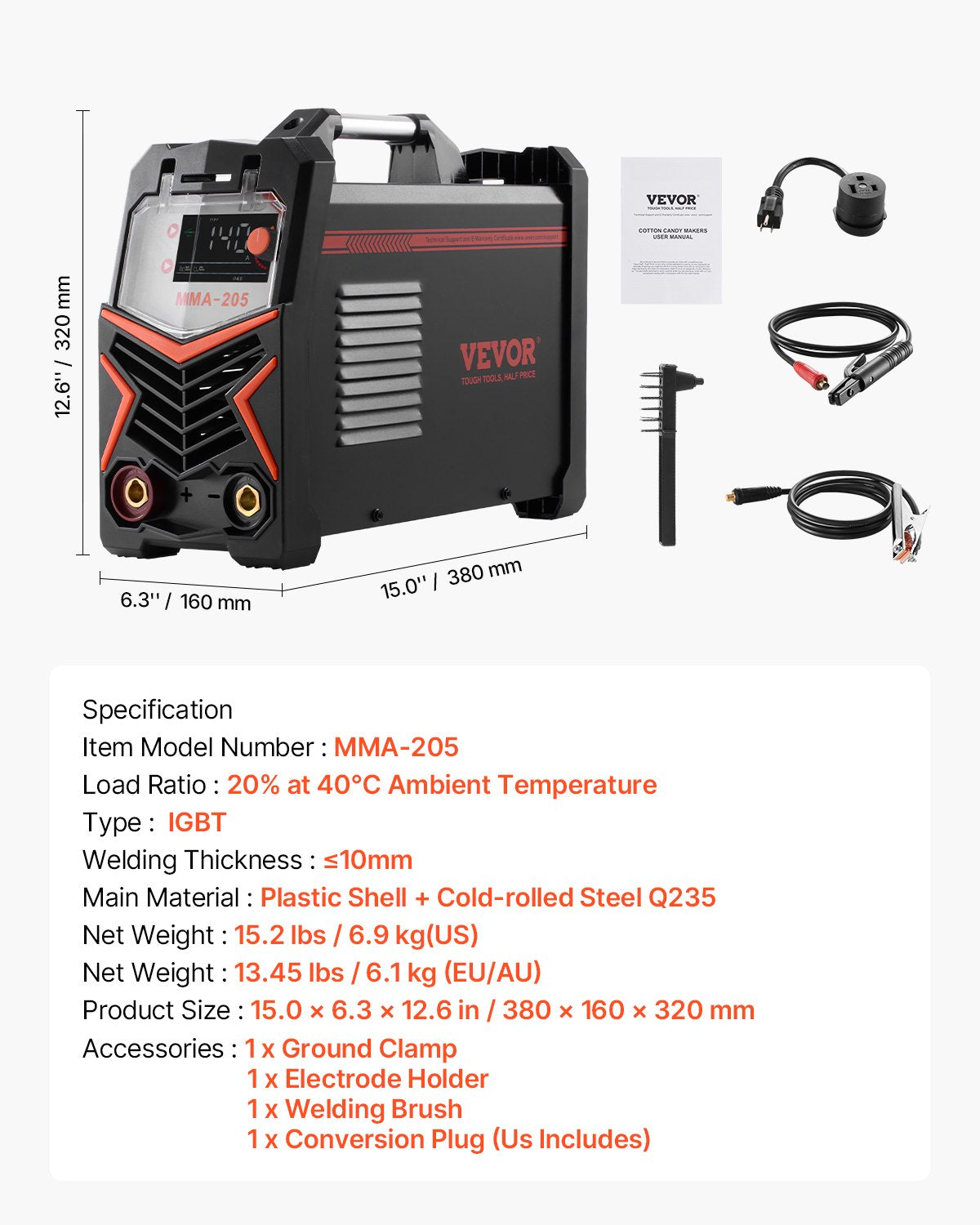 VEVOR TIG Welder 2-In-1 Welding Machine Lift MMA Stick Arc IGBT Hot Start LED 7