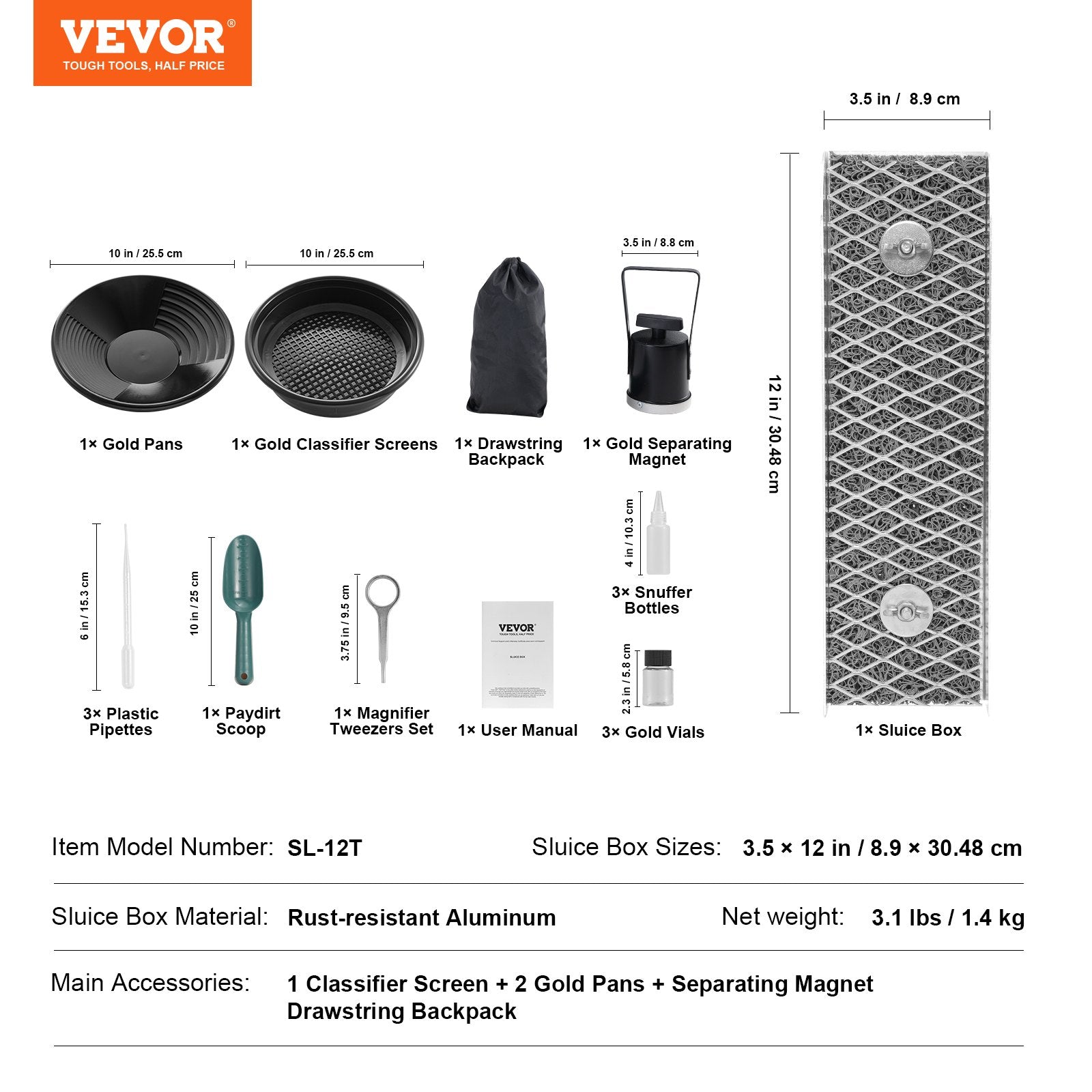 VEVOR Gold Panning Kit With Mini Sluice Box, 12" Aluminum Gold Mining Equipment, 16 PCS Gold Prospecting Kit with Gold Pan, Classifier Screen, Separating Magnet, Drawstring Backpack and Accessories 7