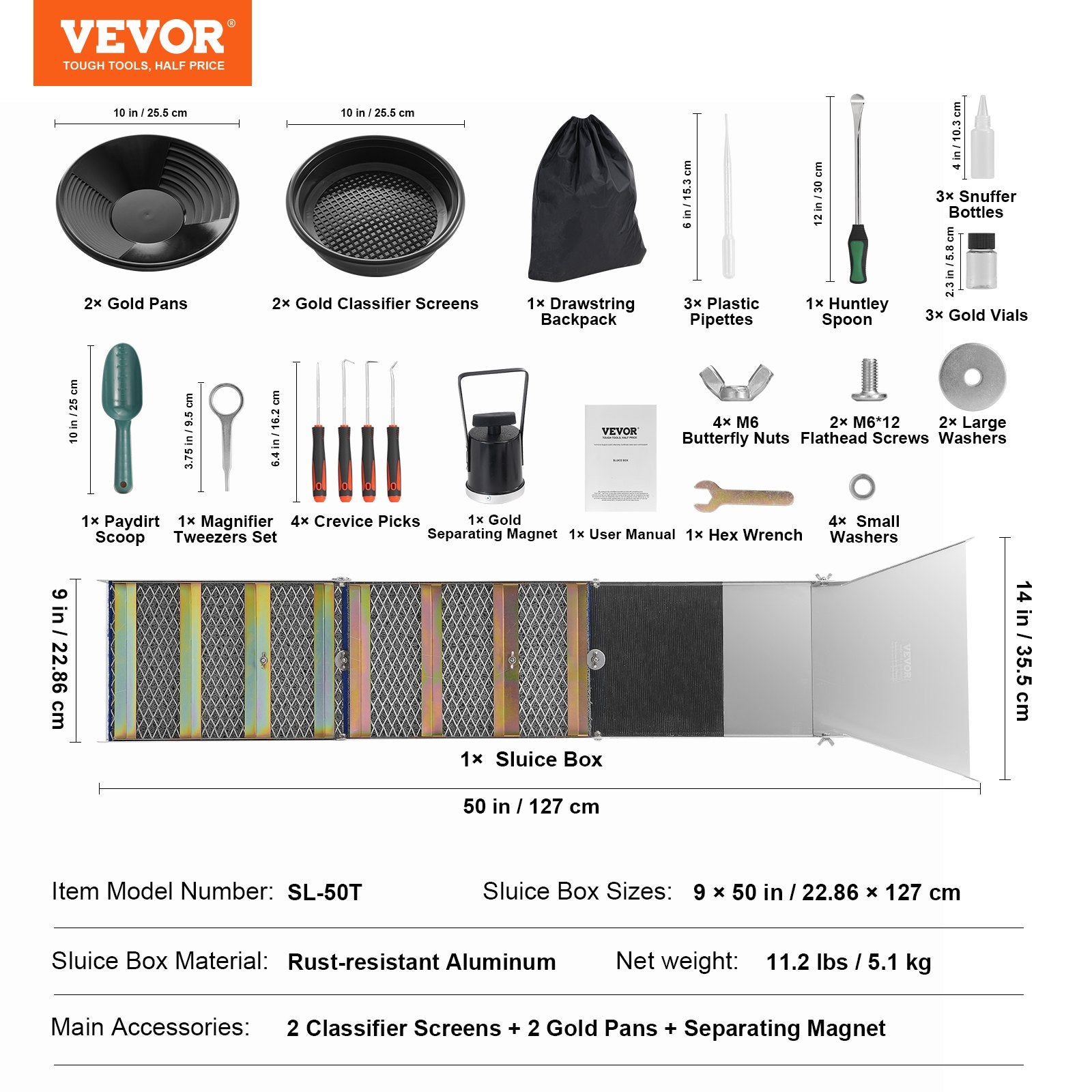 VEVOR Gold Panning Kit With Sluice Box, 50" Aluminum Gold Mining Equipment, 23 PCS Gold Prospecting Kit with Gold Pan, Classifier Screen, Separating Magnet, Drawstring Backpack and Accessories 7