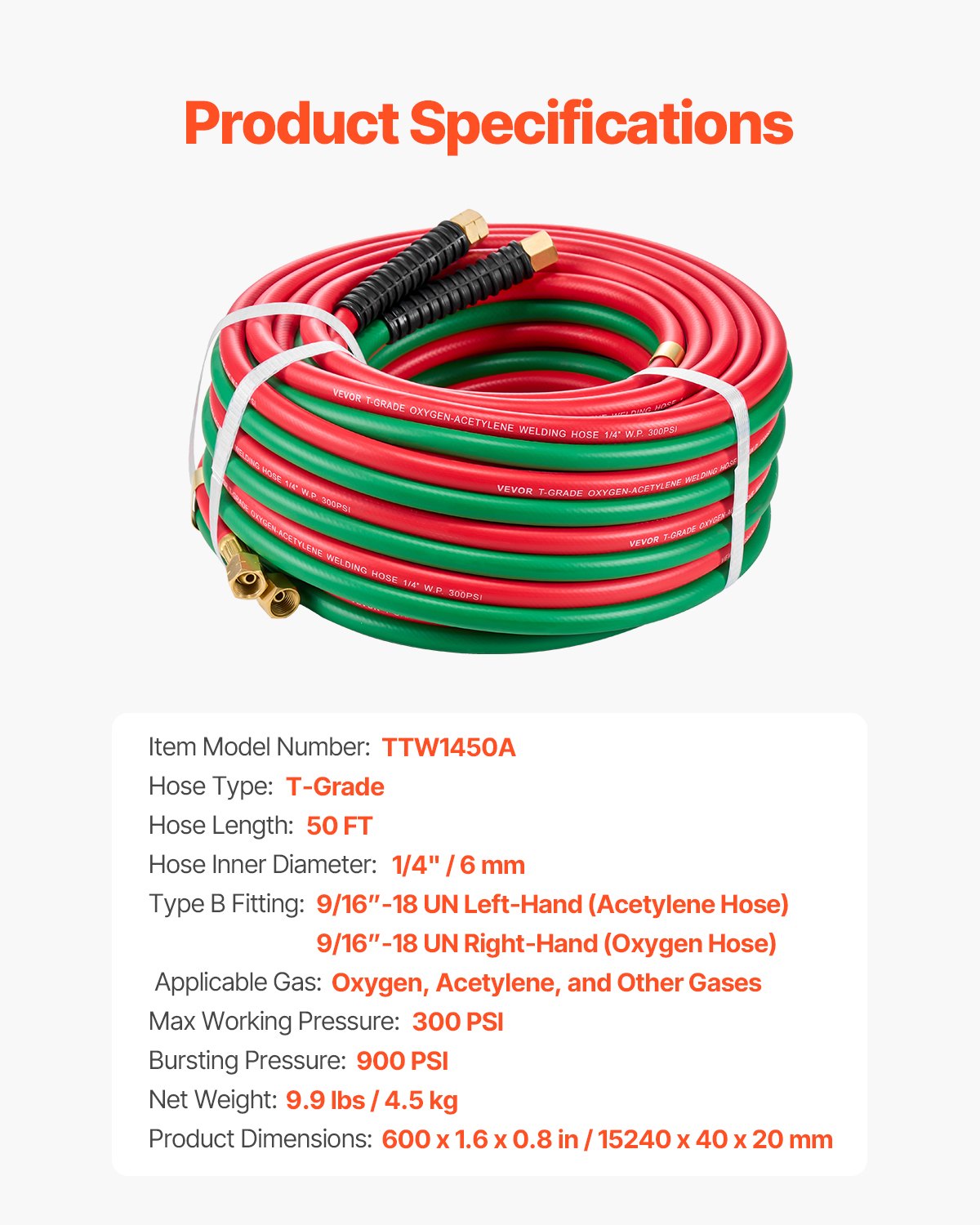 Oxygen Acetylene Hose 1/4-Inch x 50FT T Grade Hose 300PSI Max Working Pressure 7