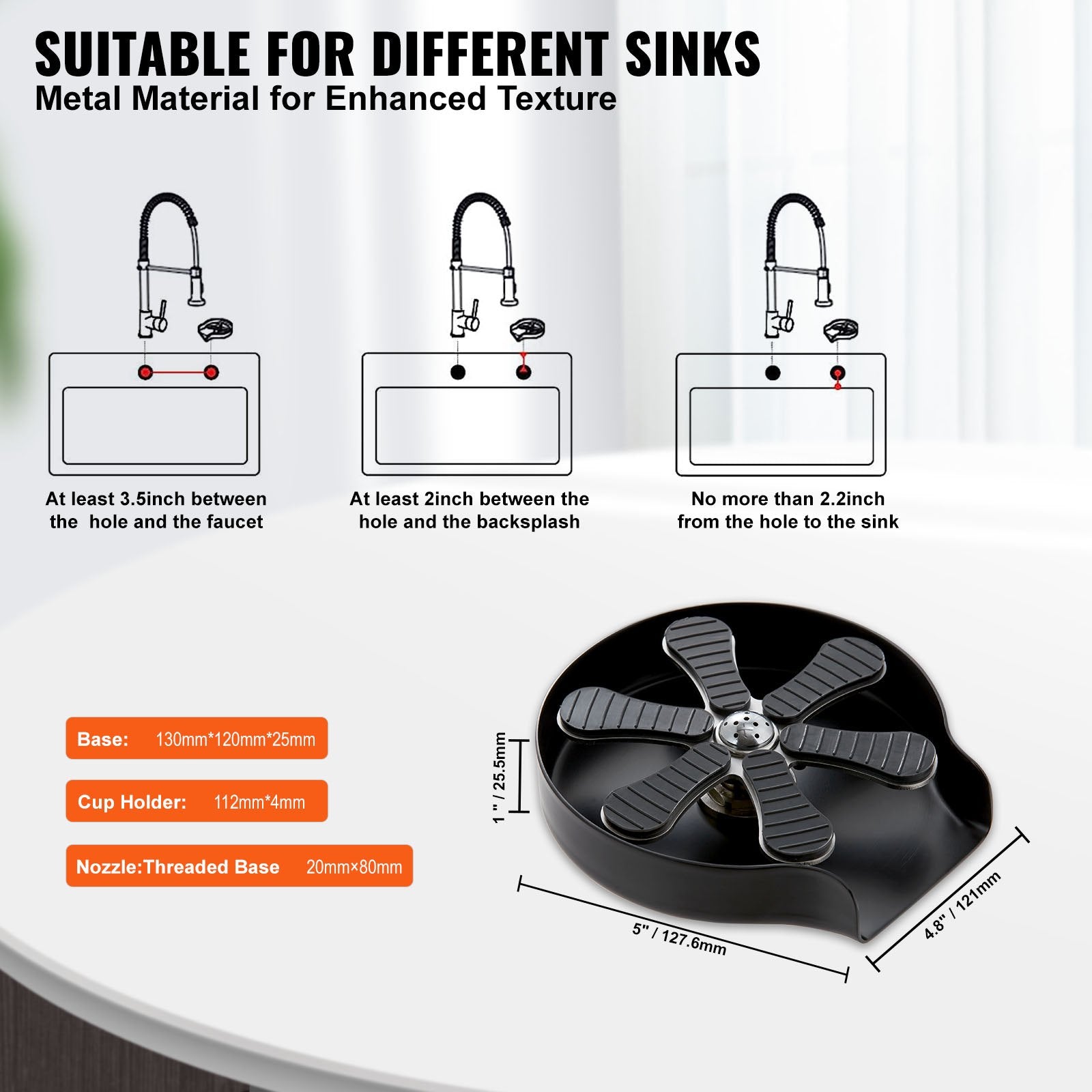 VEVOR Glass Rinser, 10 Powerful Spraying Jets Rotating Cup Rinser for Sink, 304 Stainless Steel Faucet Cup Washer & Silicone Nonslip Pad for Baby Bottle, Glass Cup, Wine Glass (Matte Black Base) 4