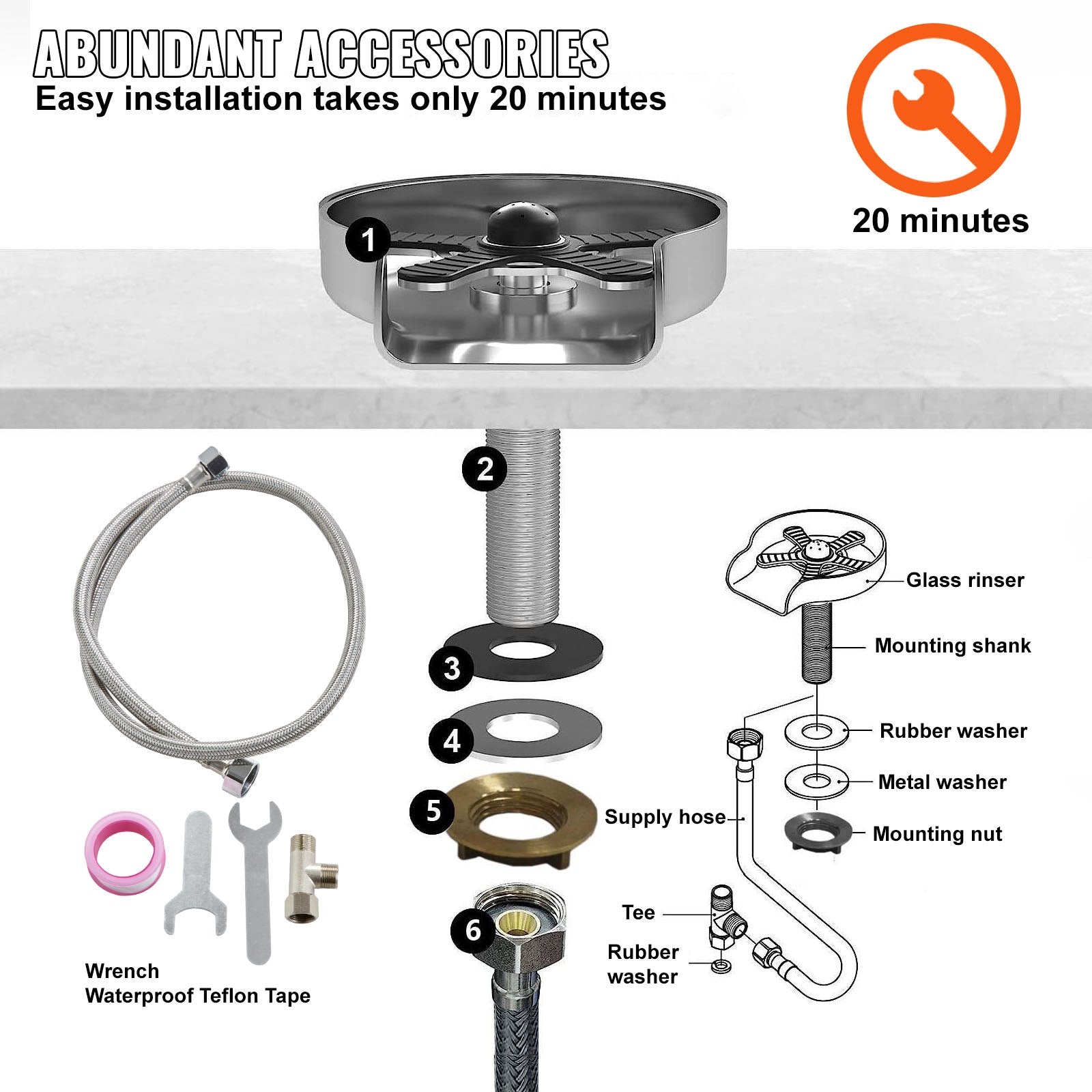 VEVOR Glass Rinser, 10 Powerful Spraying Jets Rotating Cup Rinser for Sink, 304 Stainless Steel Faucet Cup Washer & Silicone Nonslip Pad for Baby Bottle, Glass Cup, Wine Glass (Matte Black Base) 5