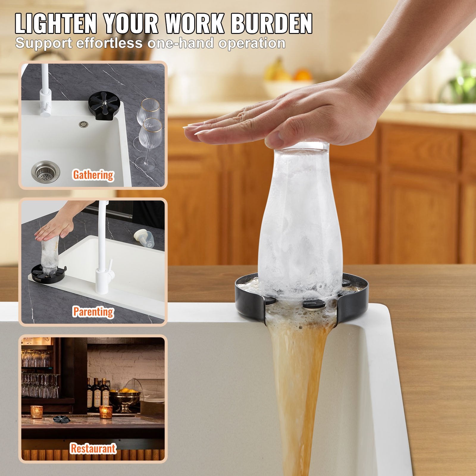 VEVOR Glass Rinser, 10 Powerful Spraying Jets Rotating Cup Rinser for Sink, 304 Stainless Steel Faucet Cup Washer & Silicone Nonslip Pad for Baby Bottle, Glass Cup, Wine Glass (Matte Black Base) 6