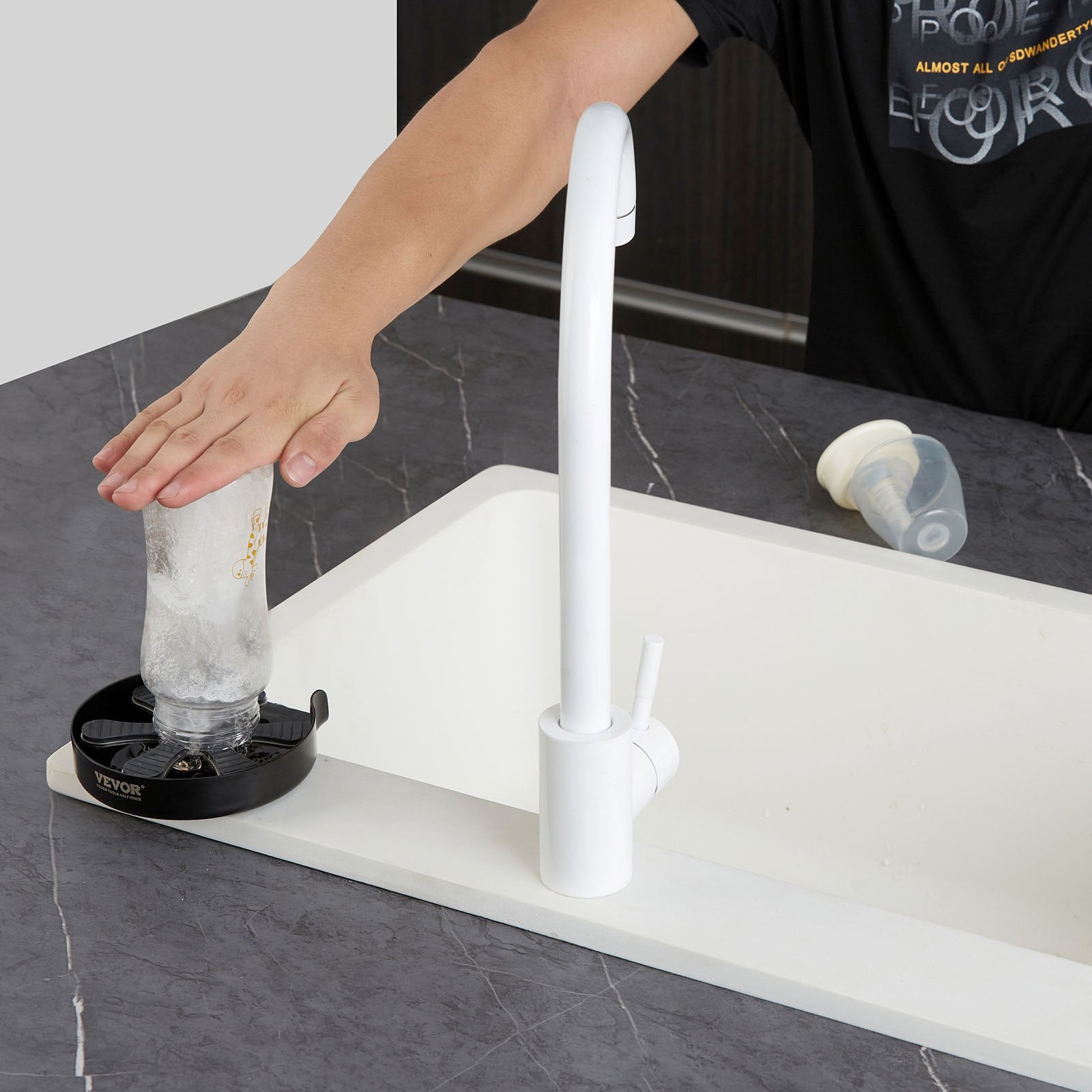 VEVOR Glass Rinser, 10 Powerful Spraying Jets Rotating Cup Rinser for Sink, 304 Stainless Steel Faucet Cup Washer & Silicone Nonslip Pad for Baby Bottle, Glass Cup, Wine Glass (Matte Black Base) 8