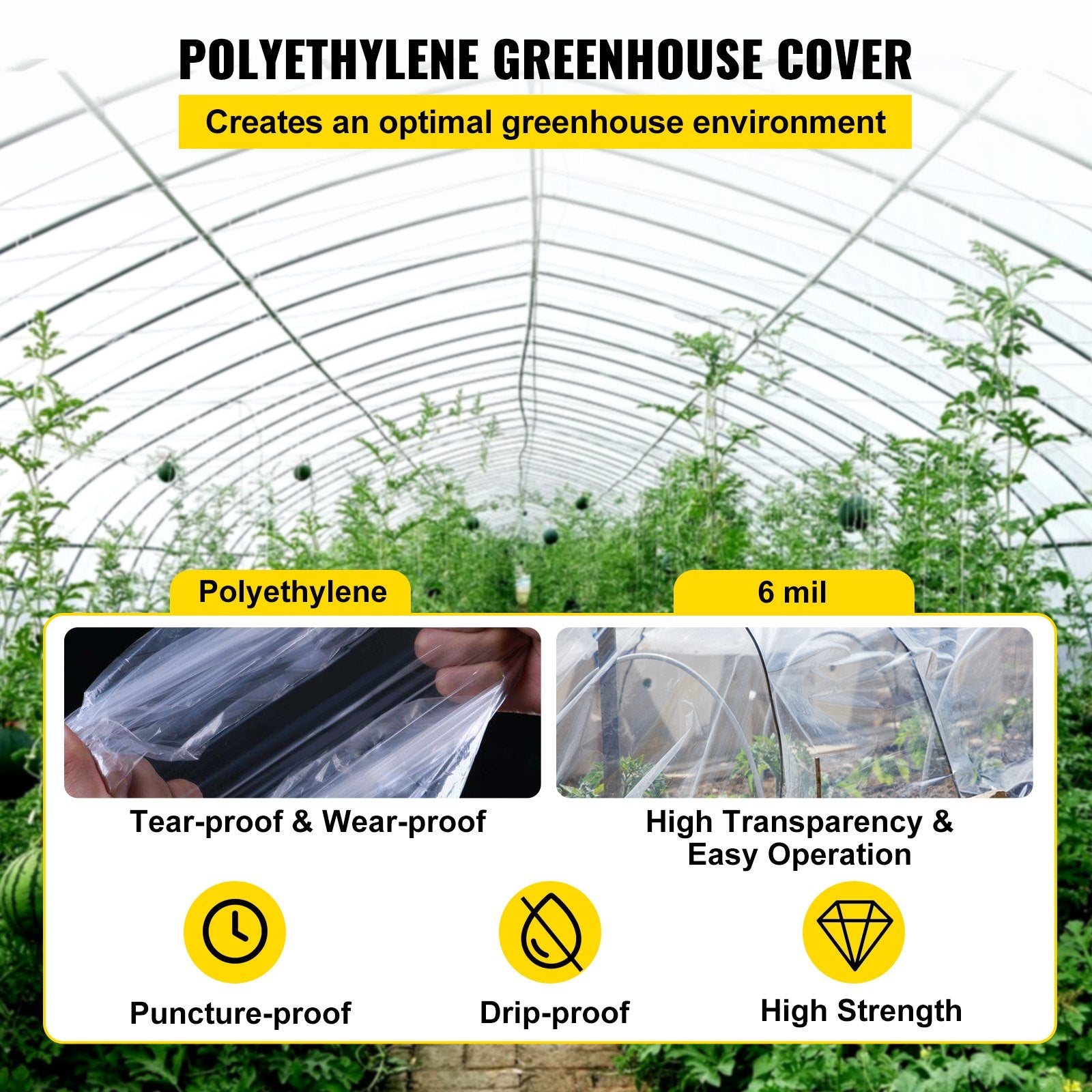 VEVOR Greenhouse Film, 24\' x 100\' Greenhouse Plastic Sheeting, 6 mil Thickness Suncover Greenhouse, Clear Polyethylene Cover, UV Proof Farm Plastic Supply for Gardening, Farming and Agriculture 3