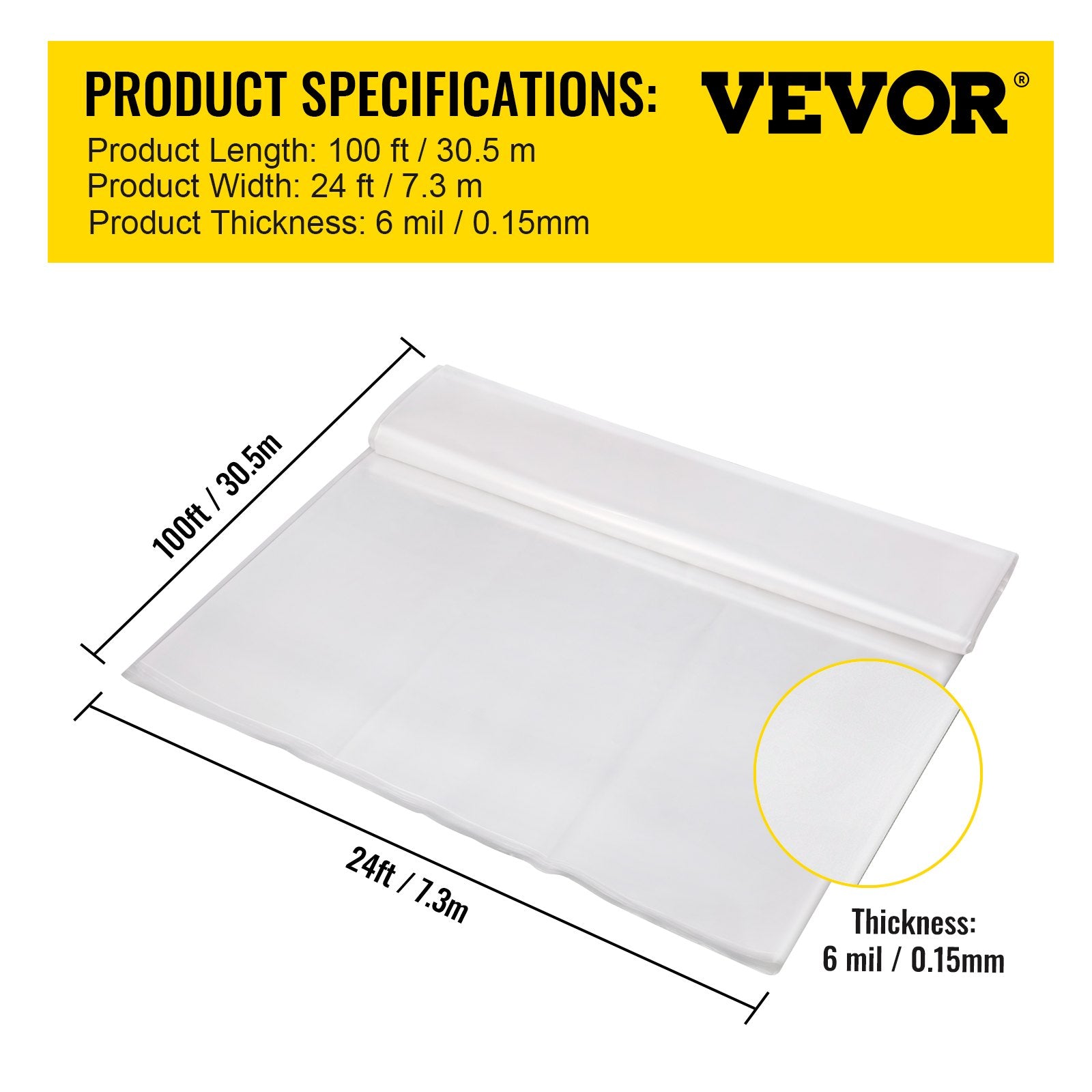 VEVOR Greenhouse Film, 24\' x 100\' Greenhouse Plastic Sheeting, 6 mil Thickness Suncover Greenhouse, Clear Polyethylene Cover, UV Proof Farm Plastic Supply for Gardening, Farming and Agriculture 7