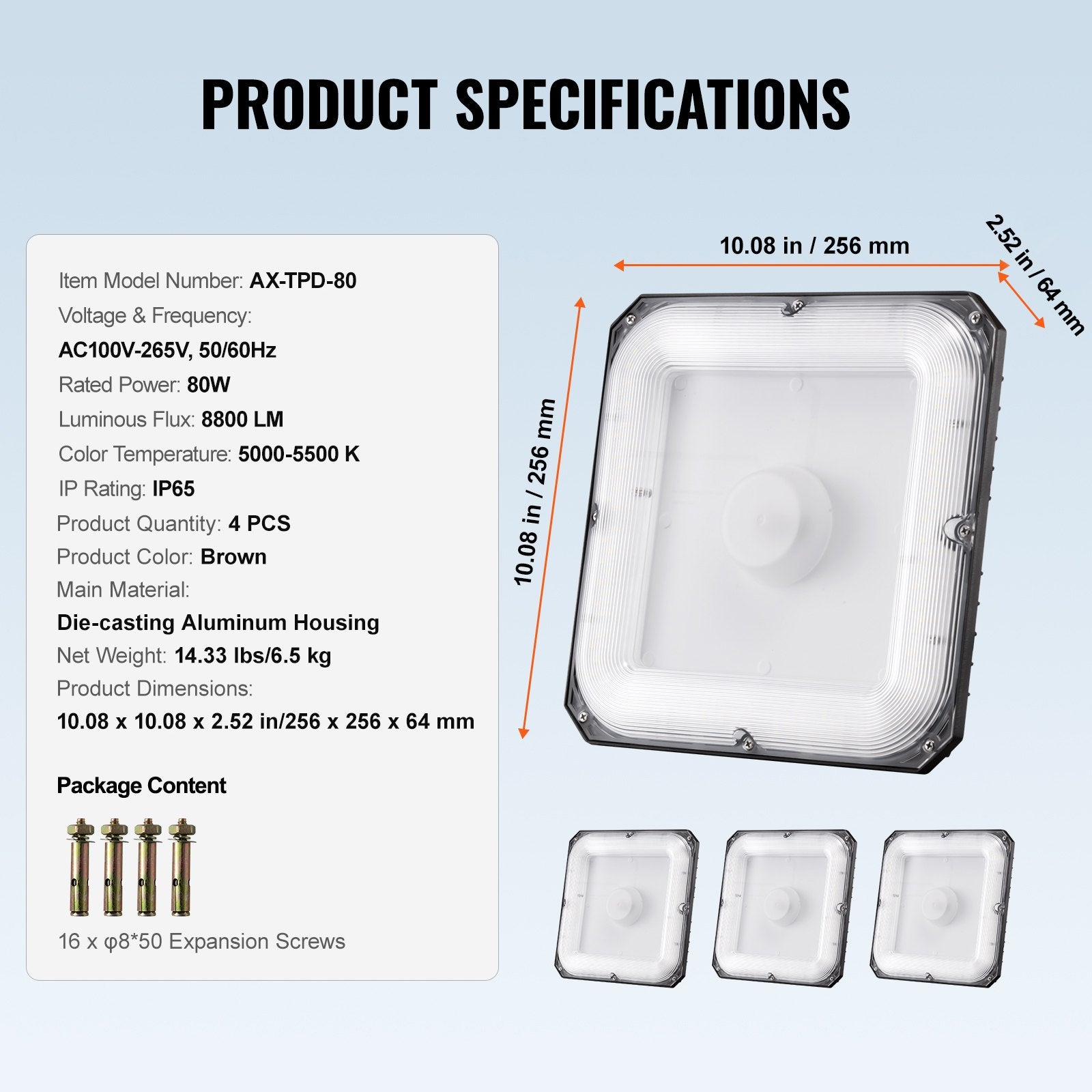 VEVOR 4 Pack LED Canopy Lights 80W 8800LM 5000K Daylight Outdoor Canopy Lighting 7