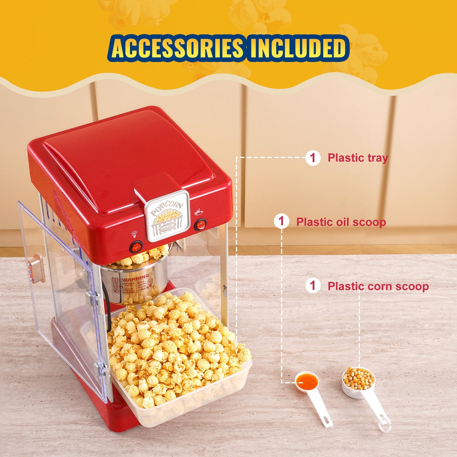 VEVOR Popcorn Popper Machine Tabletop Popcorn Maker 300W 2.5 Oz Red 6