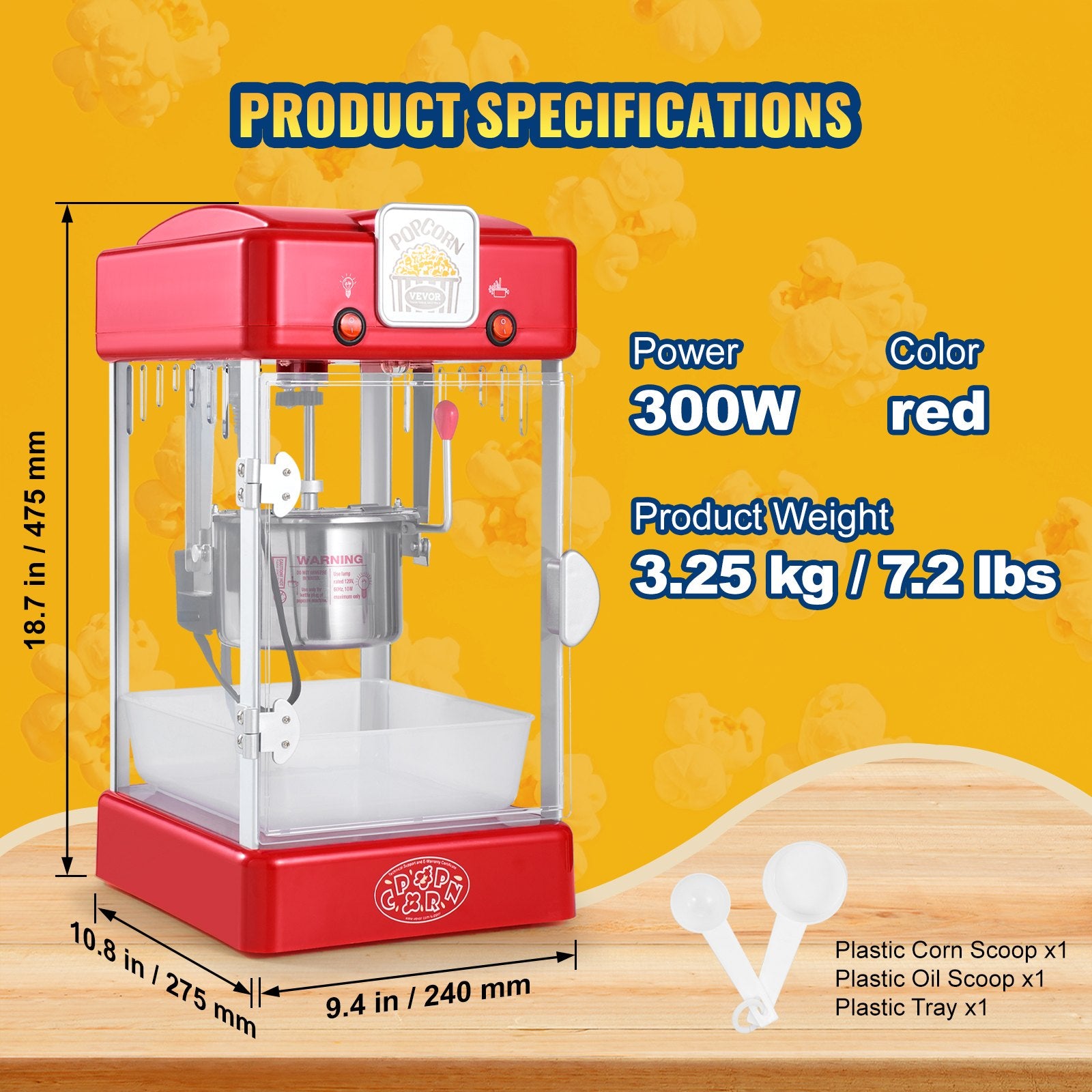 VEVOR Popcorn Popper Machine Tabletop Popcorn Maker 300W 2.5 Oz Red 7