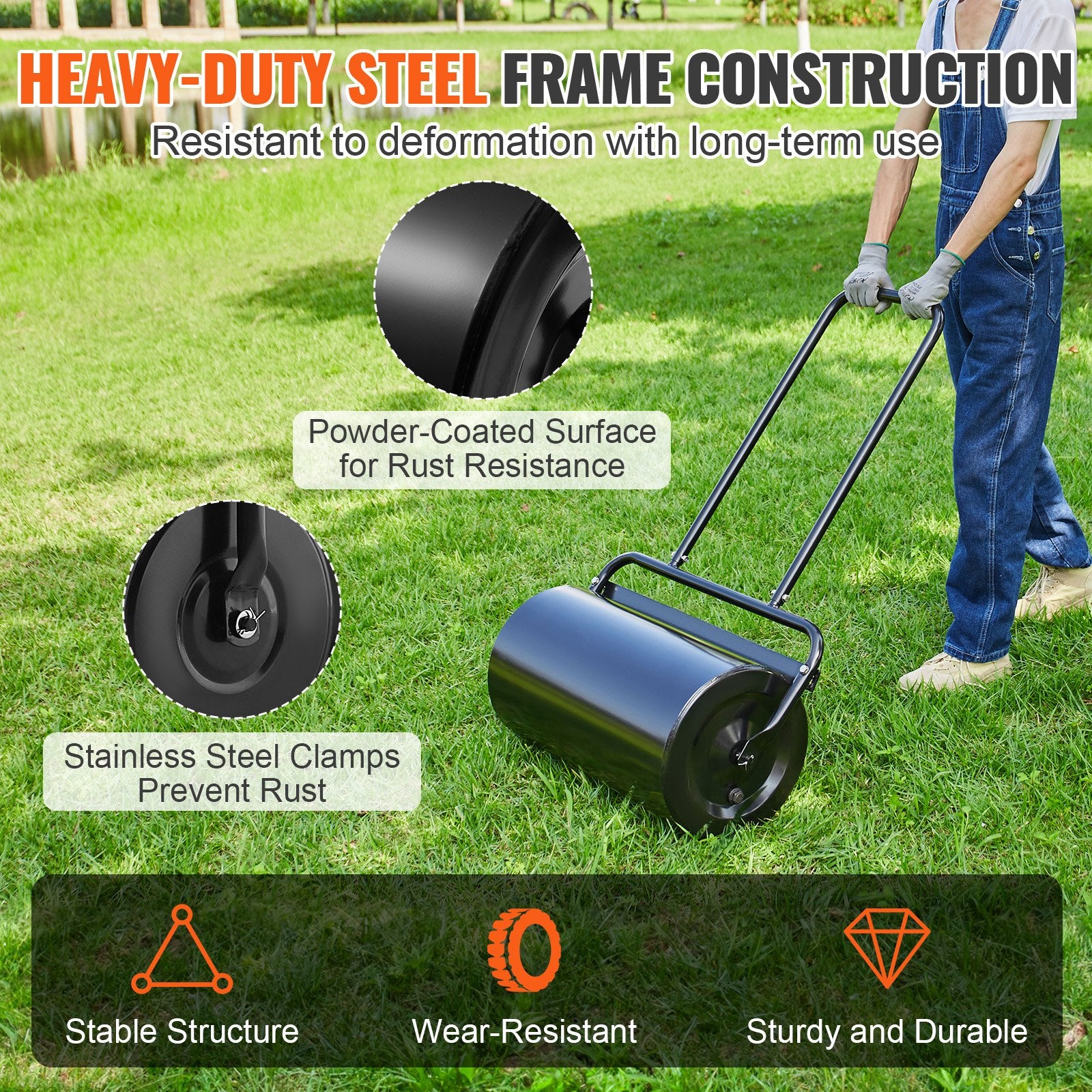 VEVOR Lawn Roller, 13 Gallon 24Inch Sand/Water Filled Yard Roller, Steel Sod Roller with Easy-turn Plug and U-Shaped Ergonomic Handle for Convenient Push and Pull, for Lawn, Garden, Farm, Park, Black 4