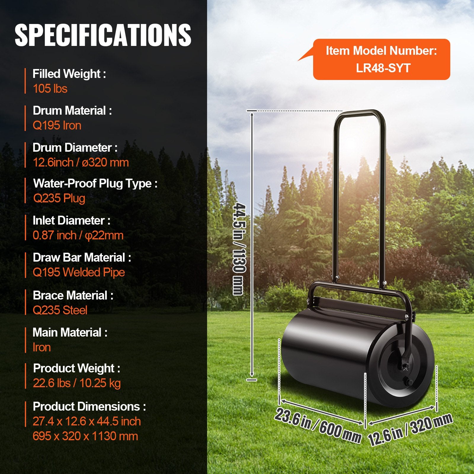 VEVOR Lawn Roller, 13 Gallon 24Inch Sand/Water Filled Yard Roller, Steel Sod Roller with Easy-turn Plug and U-Shaped Ergonomic Handle for Convenient Push and Pull, for Lawn, Garden, Farm, Park, Black 7