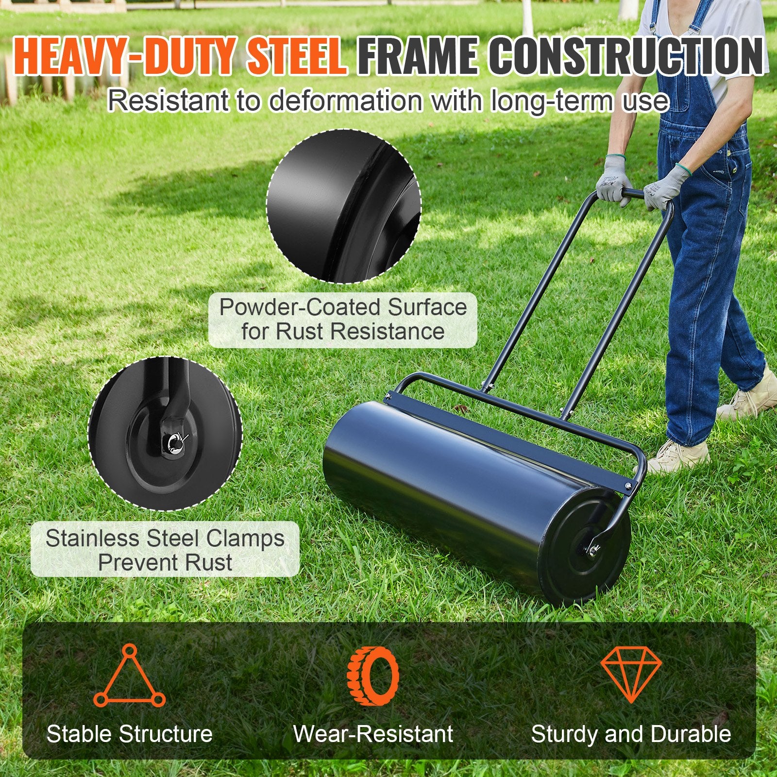 VEVOR Lawn Roller, 17 Gallon 36 Inch Sand/Water Filled Yard Roller, Steel Sod Roller with Easy-turn Plug and U-Shaped Ergonomic Handle for Convenient Push and Pull, for Lawn, Garden, Farm, Park, Black 4