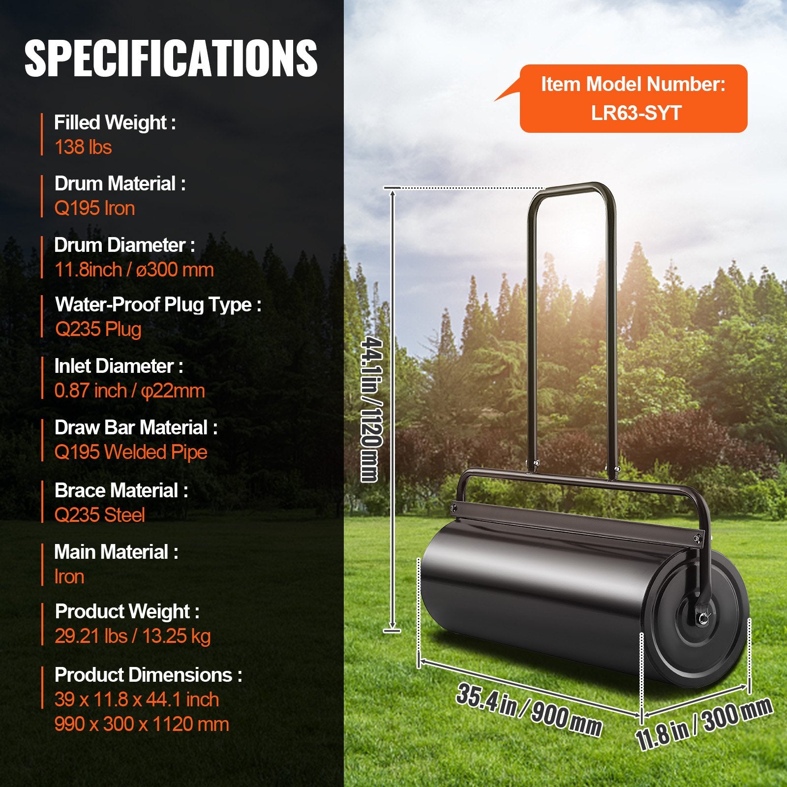 VEVOR Lawn Roller, 17 Gallon 36 Inch Sand/Water Filled Yard Roller, Steel Sod Roller with Easy-turn Plug and U-Shaped Ergonomic Handle for Convenient Push and Pull, for Lawn, Garden, Farm, Park, Black 7