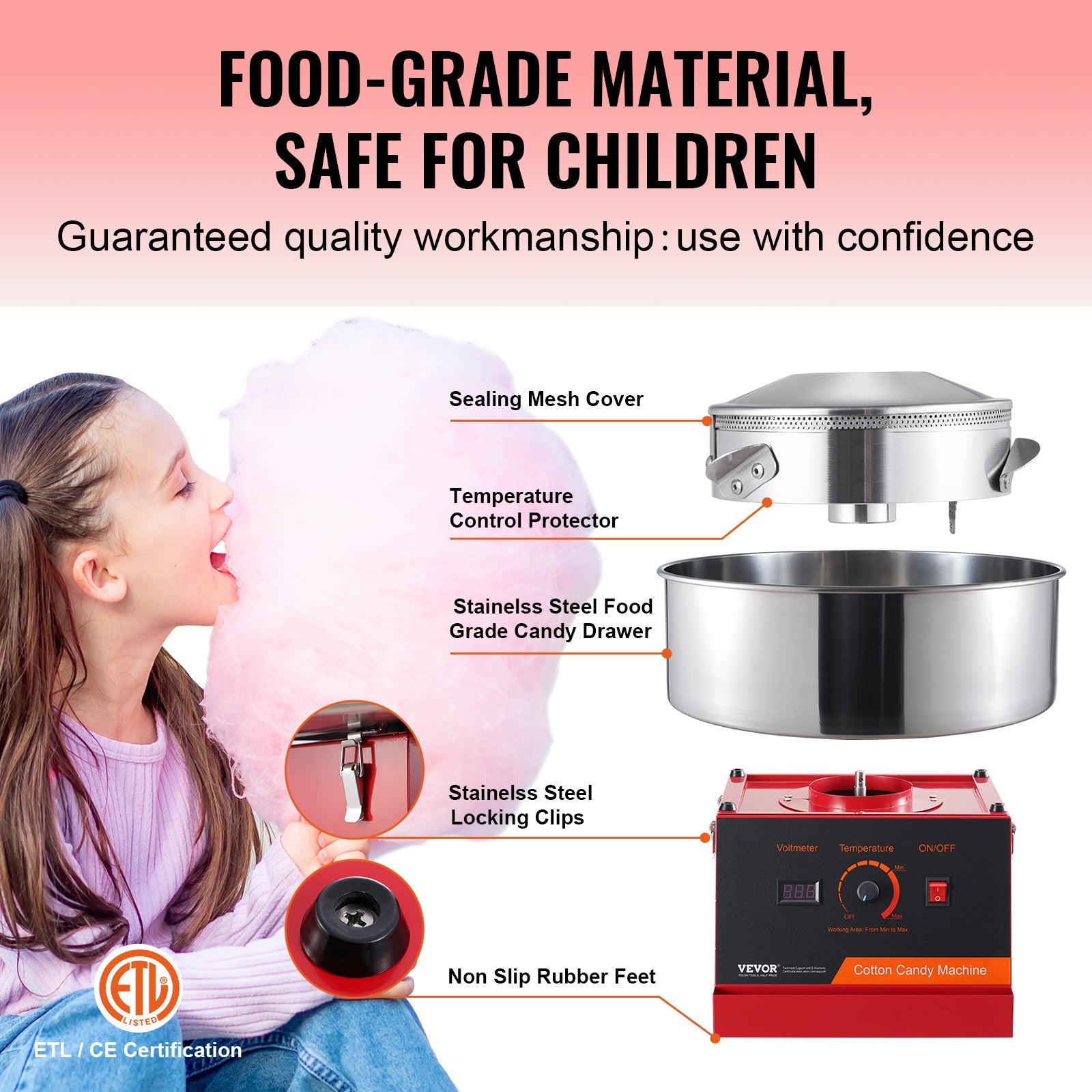 VEVOR Electric Cotton Candy Machine, 1000W Candy Floss Maker, Commercial Cotton Candy Machine with Stainless Steel Bowl, and Sugar Scoop, Perfect for Home Kids Birthday, Family Party (Red) 4