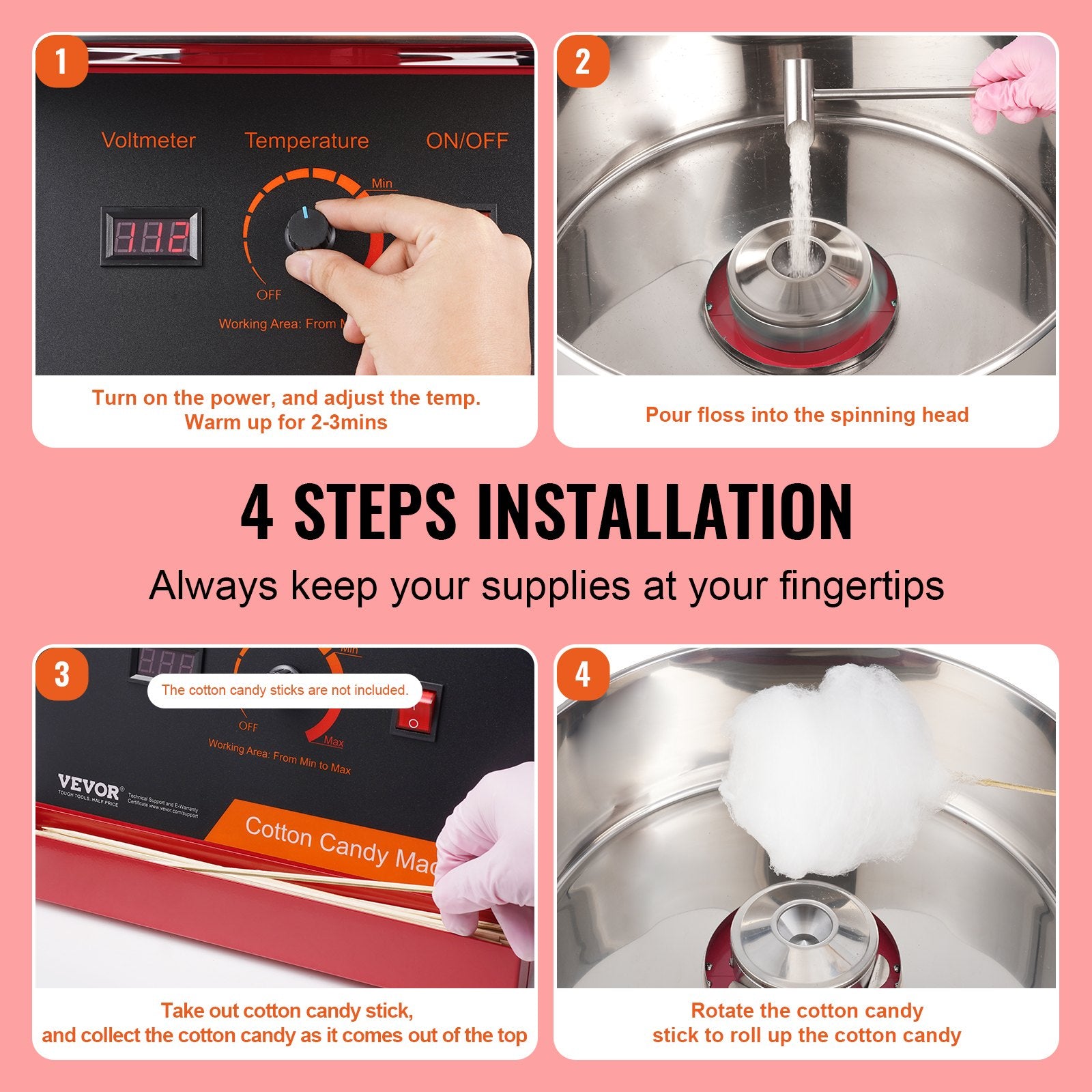 VEVOR Electric Cotton Candy Machine, 1000W Candy Floss Maker, Commercial Cotton Candy Machine with Stainless Steel Bowl, and Sugar Scoop, Perfect for Home Kids Birthday, Family Party (Red) 5