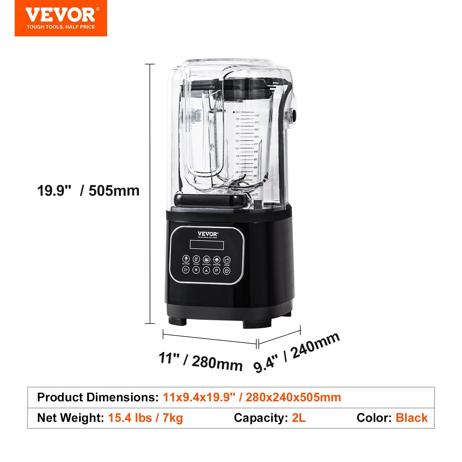 VEVOR Professional Blender with Shield, Commercial Countertop Blenders, 2L Jar Blender Combo, Stainless Steel 9 Speed & 5 Functions Blender, for Shakes, Smoothies, Peree, and Crush Ice, Black 7