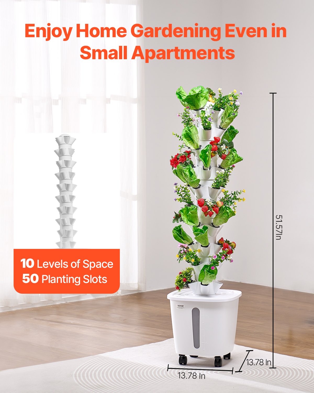 VEVOR Hydroponic Growing System, 50 Pods Vertical 10 Tiers Hydroponic Tower, Rolling Hydronic Garden with Water Pump & Wheels, Indoor Plants Germination Kit for Herbs Fruits & Vegetables