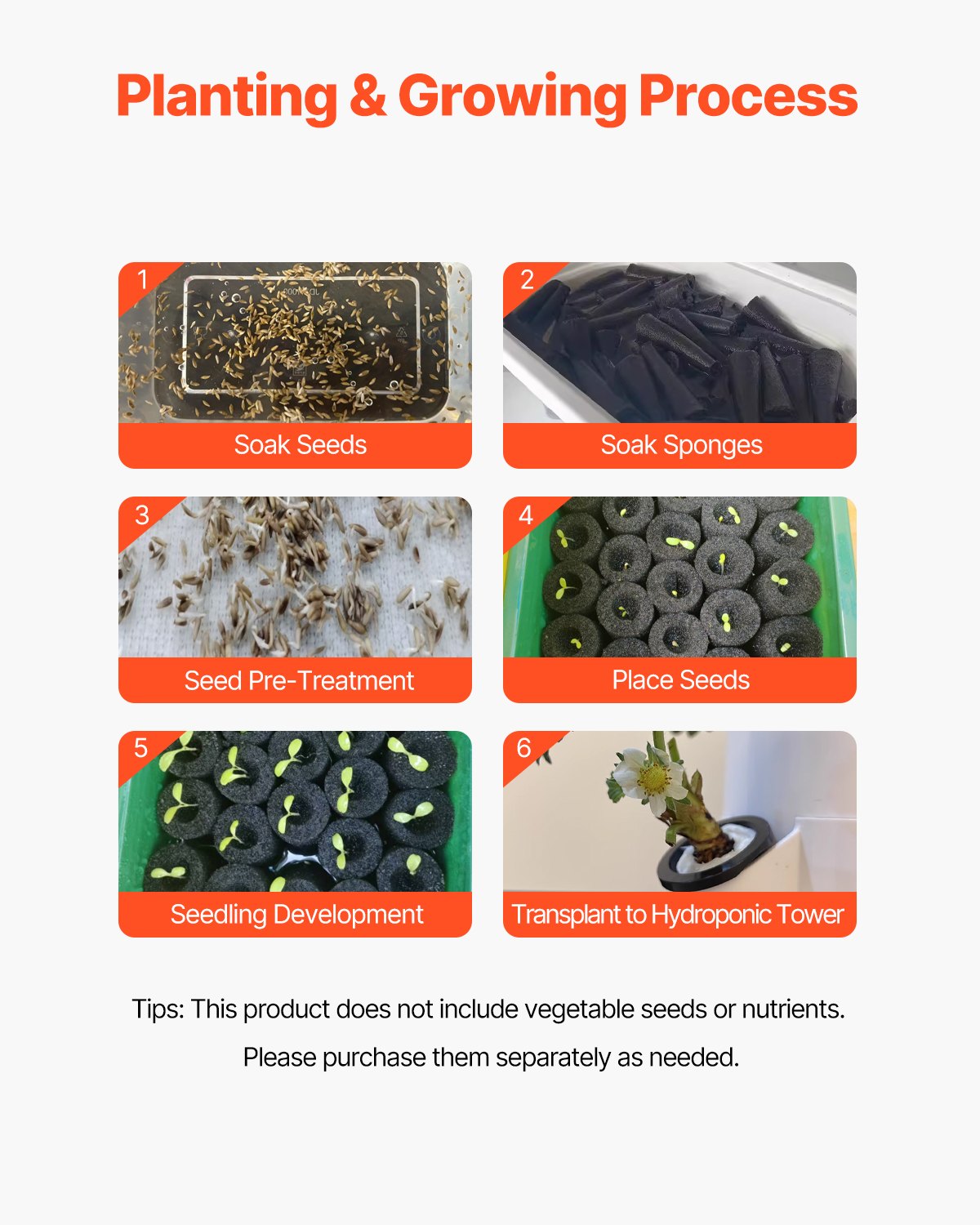 VEVOR Hydroponic Growing System, 50 Pods Vertical 10 Tiers Hydroponic Tower, Rolling Hydronic Garden with Water Pump & Wheels, Indoor Plants Germination Kit for Herbs Fruits & Vegetables 7