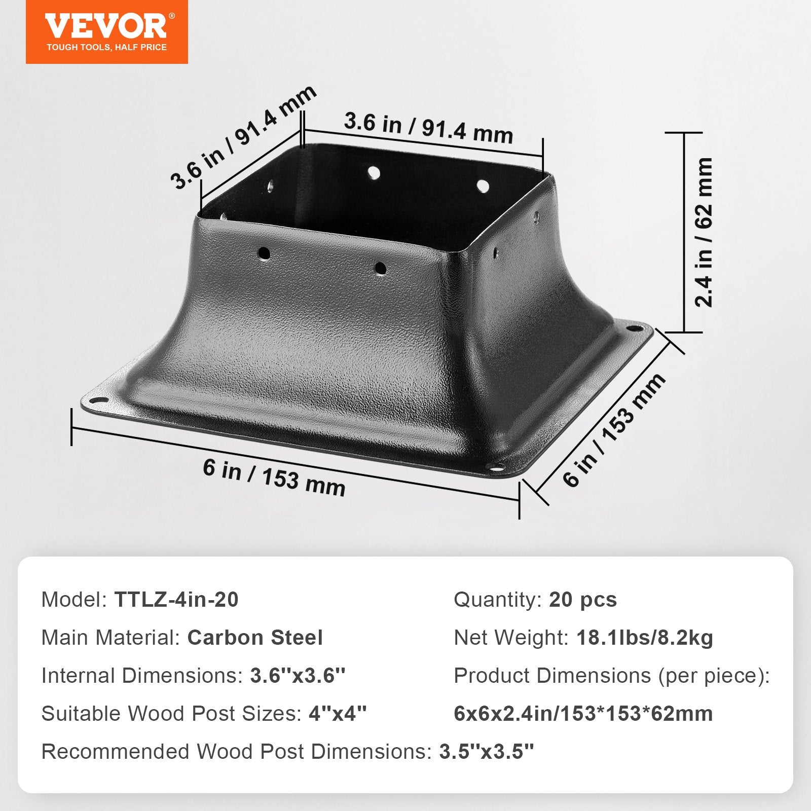 VEVOR 101.6x101.6mm Post Base 20Pcs, Internal 91x91mm Heavy Duty Powder-Coated Steel Post Bracket Fit for Standard Wood Post Anchor, Decking Post Base for Deck Porch Handrail Railing Support 7